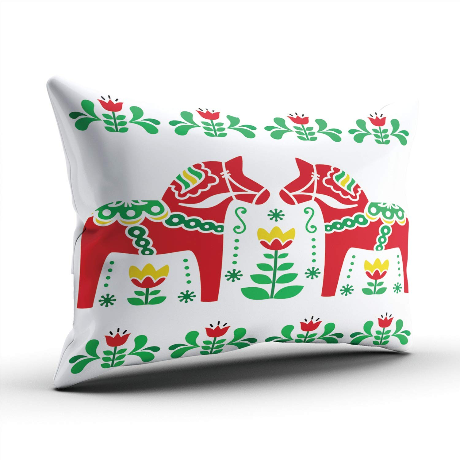 Swedish Dala Horse Folk Throw Pillow Cover - Hidden Zipper Decorative Custom Pillow Case - 12x20 Inches Lumbar Support - Perfect for Sofa, Bedroom & Home Decor