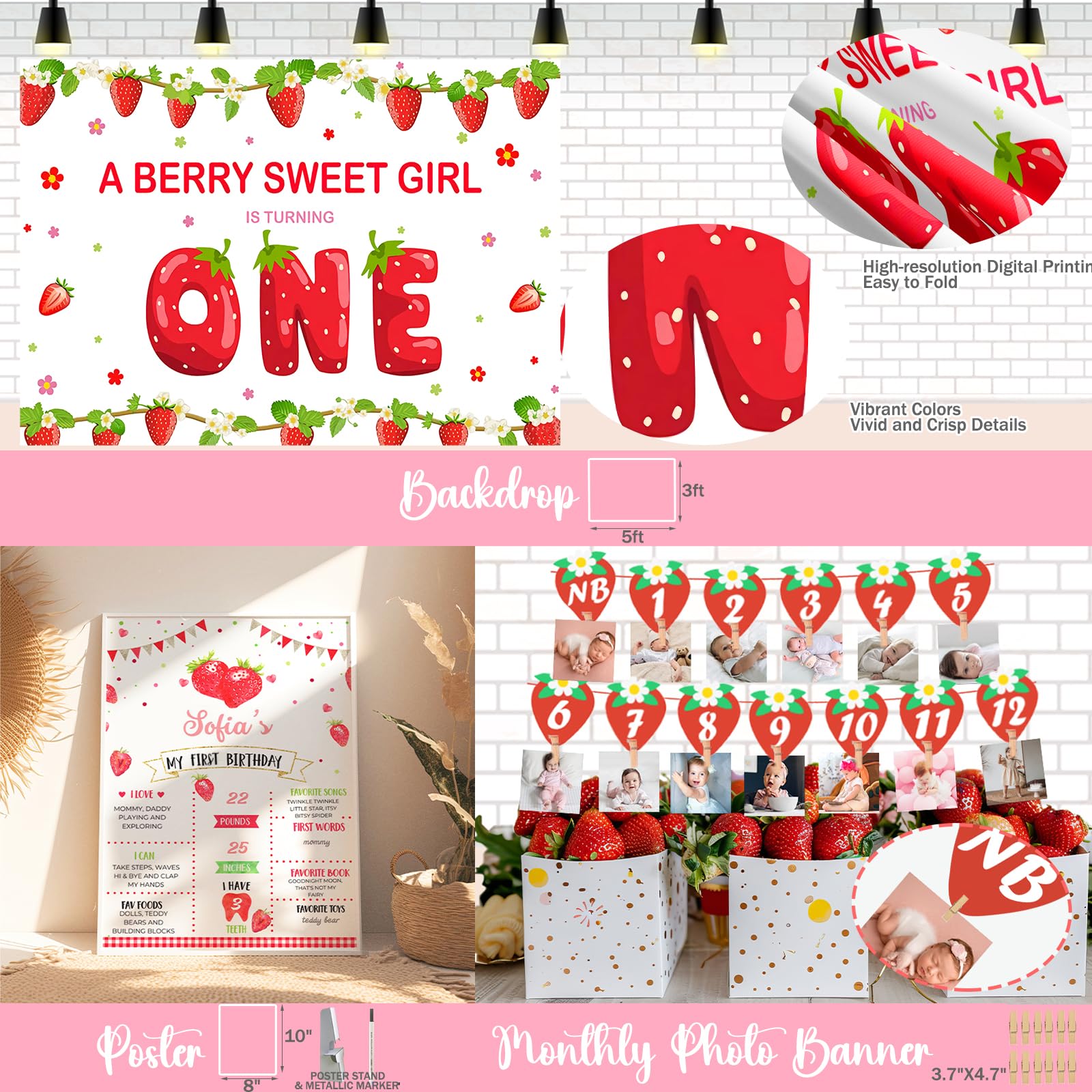Berry First Birthday Decorations for Girls - Strawberry Themed Backdrop, Balloons, Monthly Photo Banner, Highchair Banner, Crown & Poster Set - Perfect for 1st Birthday Party, Baby Shower & Photoshoot Decorations