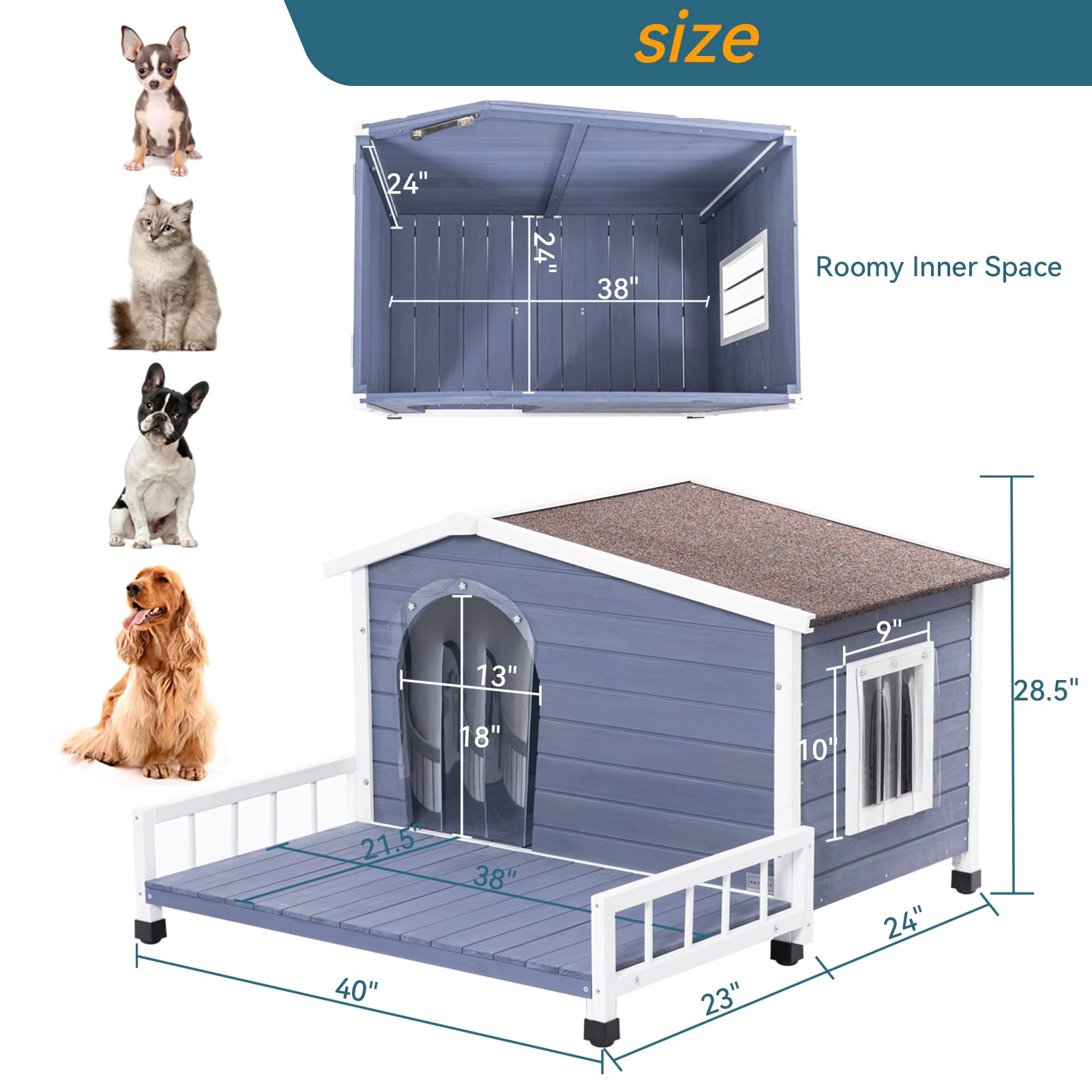 Petsfit Outdoor Dog House with Terrace & Removable Asphalt Roof - 40