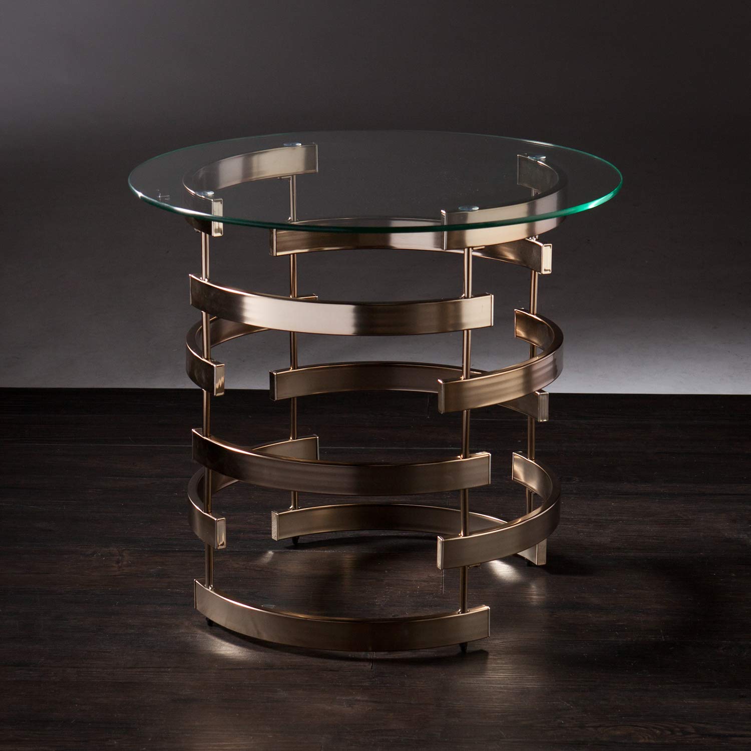 SEI Furniture Belmar Contemporary Round Glass Top End Table - Champagne Gold Finish - Modern Living Room & Bedroom Accent Table for Small Spaces
