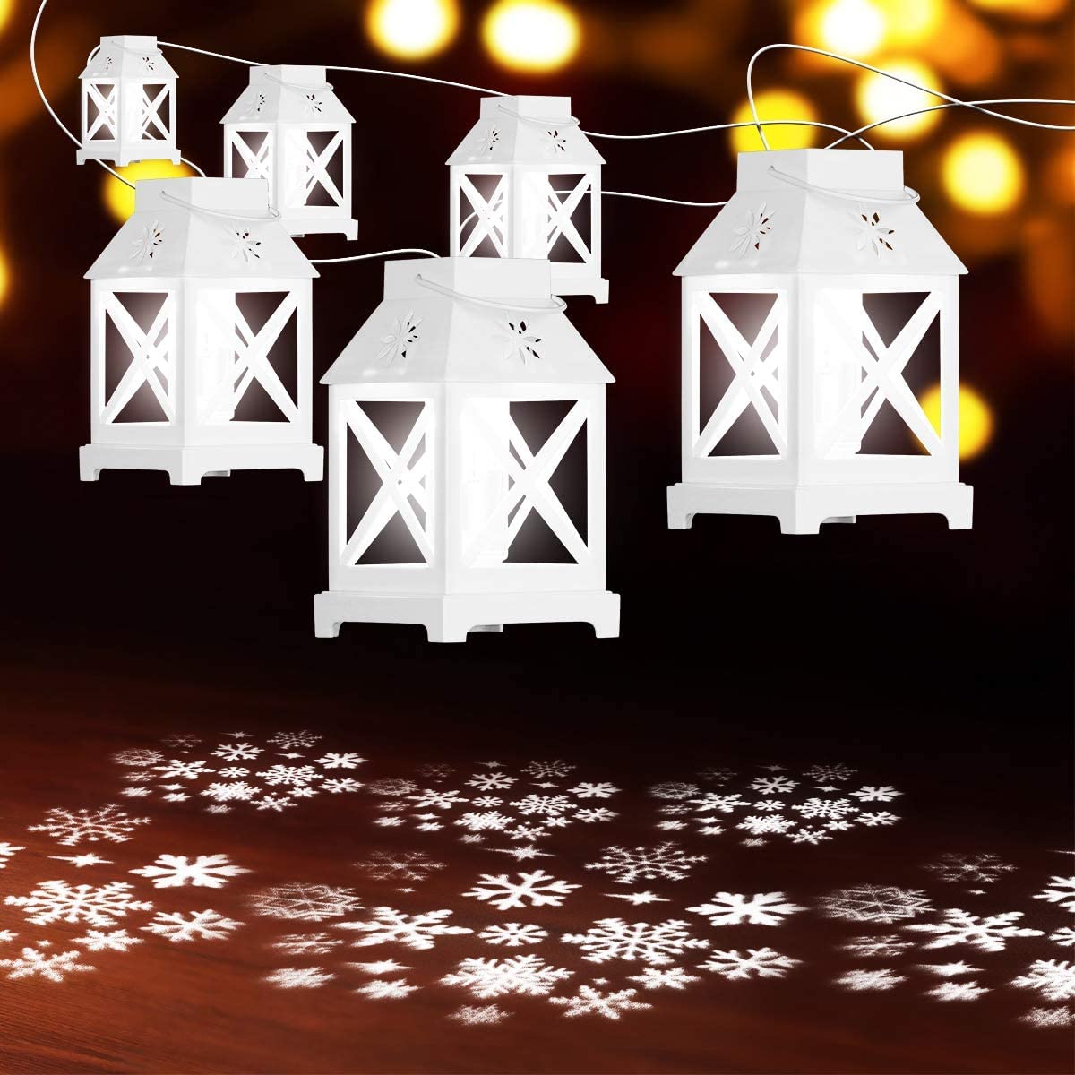 YUNLIGHTS Christmas String Lights - 22.6 Ft Snowflake Projector with 6 LED Lanterns for Indoor & Outdoor Decor | Perfect for Patio, Porch, Bedroom & Holiday Parties