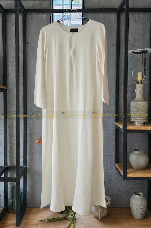 Elegant Cream Maxi Abaya Dress with Pockets - Modest Muslim Slip Dress for Women - Perfect for Prayer, Eid, Wedding & Special Occasions