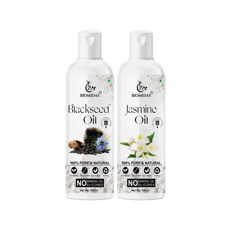 Biomidas 100% Pure Black Seed Oil & Jasmine Oil Combo (100ML Each) - Promotes Rapid Hair Growth, Reduces Hair Fall & Split Ends for Softer, Shinier Hair - Perfect for Daily Hair Care & Scalp Treatment (Pack of 2)