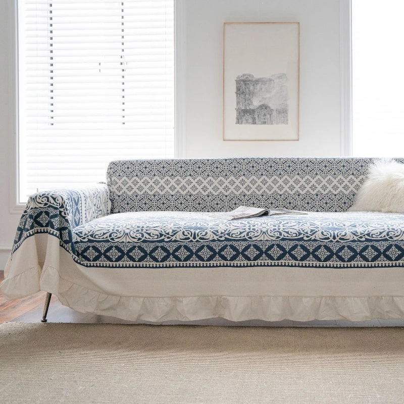 Bohemian Floral Sofa Slipcover with Ruffled Trim - Tribal Print Couch Cover for Living Room Decor, Home Styling & Comfort