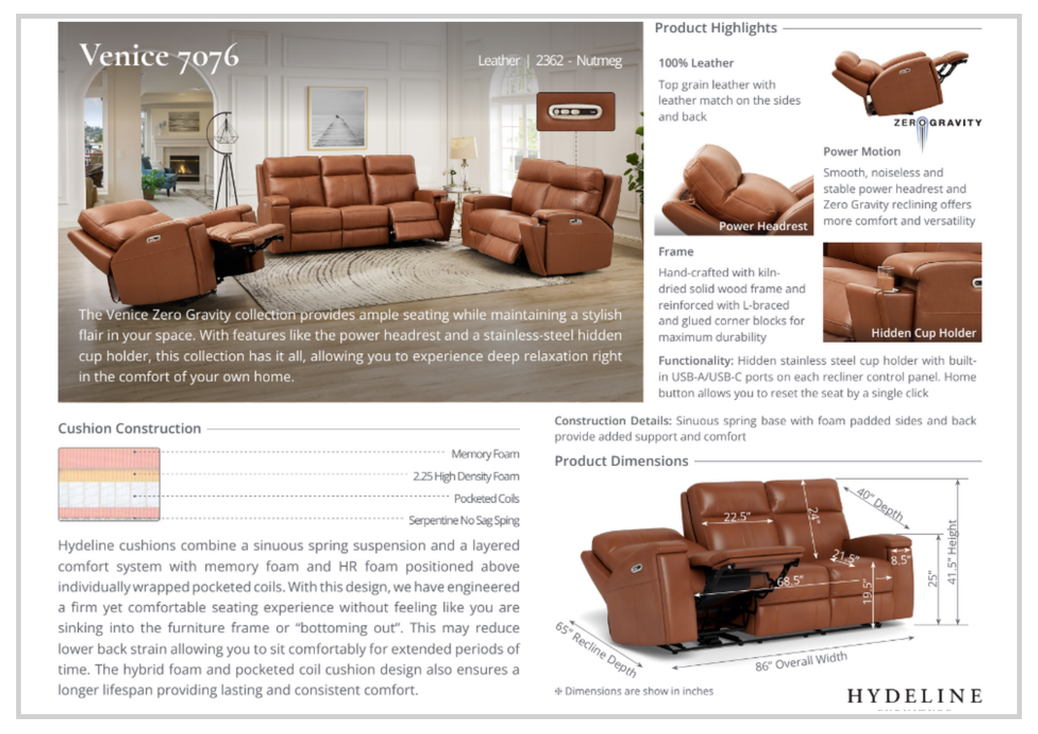Hydeline Venice 2-Seater Brown Top Grain Leather Reclining Sofa - Luxury Comfort for Living Room & Home Theater - Free Shipping