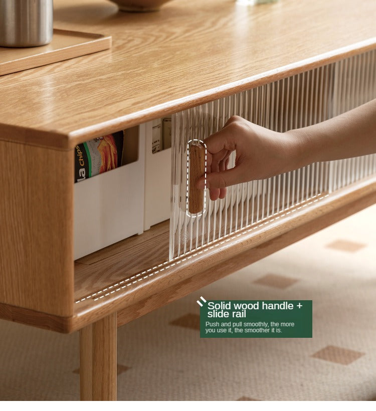 Solid Oak and Beech Wood Coffee Table with Glass Doors - Modern Living Room Furniture for Home Decor and Entertainment