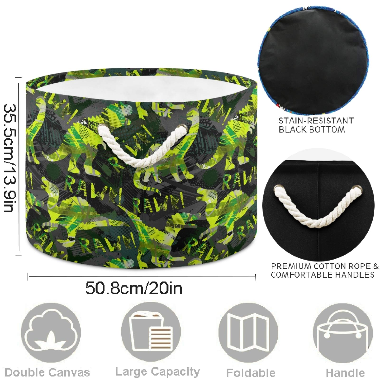 Visesunny Collapsible Large Capacity Storage Basket - Green Dinosaur Black Pattern Clothes & Toy Organizer with Durable Cotton Handles | Perfect for Bathroom, Bedroom, Nursery, Laundry & Closet Organization | Space-Saving Home Storage Solution for Kids' Rooms, Playrooms & Dorm Organization