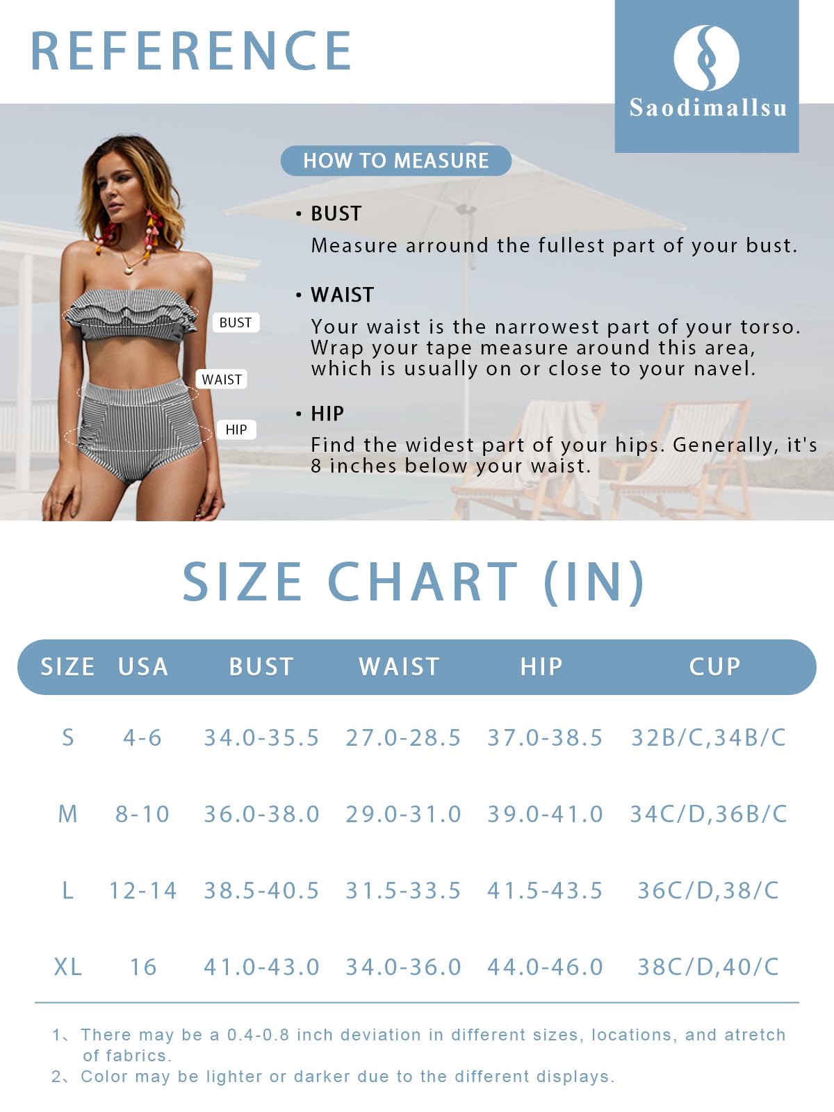 **Saodimallsu Women's High Waisted Bandeau Bikini Set - Ruffle Swimsuit Top & Bottom Two Piece Striped Bathing Suit for Beach, Pool & Vacation**