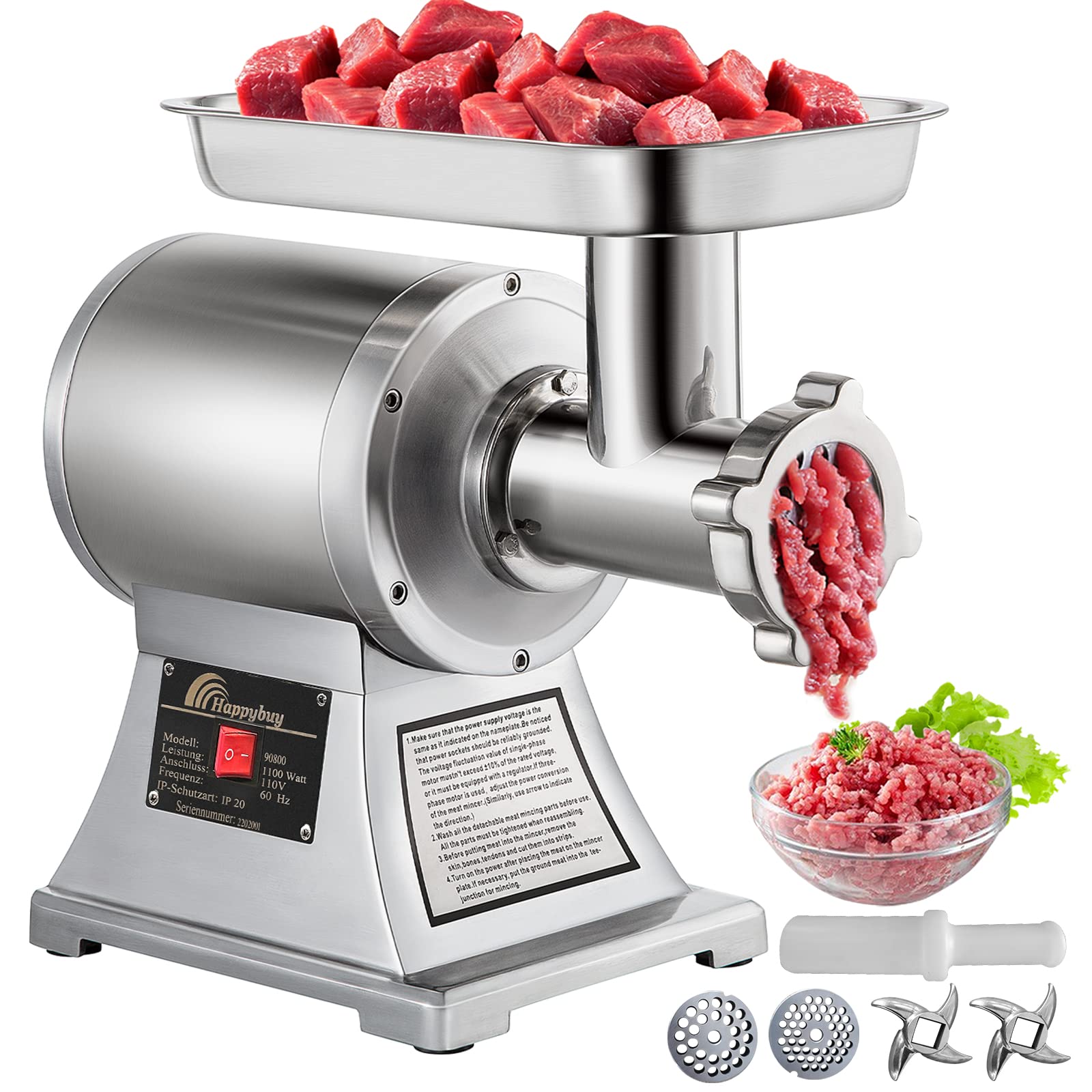 Happybuy 1100W Commercial Meat Grinder - 550LB/h Heavy Duty Stainless Steel Industrial Mincer with 2 Blades, 3 Grinding Plates & Meat Pusher (220 RPM) - Perfect for Butcher Shops, Restaurants & Home Meat Processing
