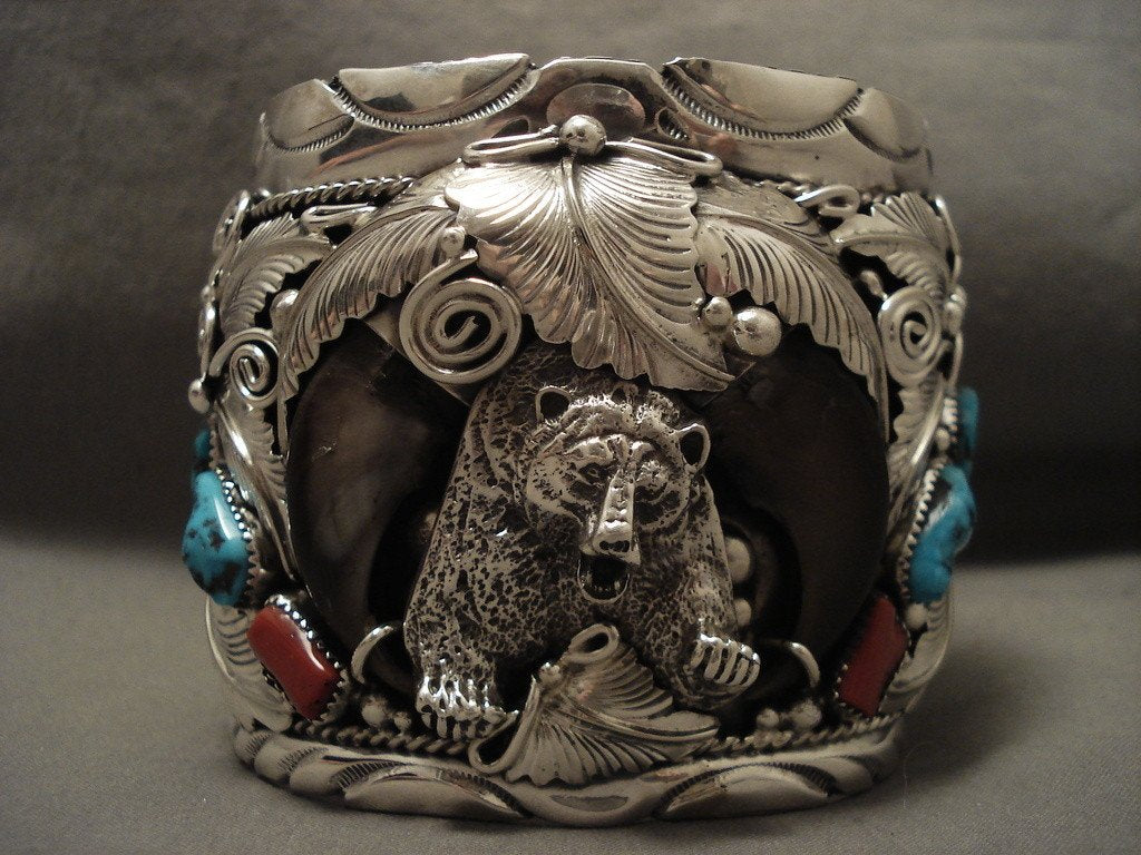 203g Monster 'Screaming Bear' Turquoise Coral Native American Sterling Silver Bracelet - Handmade Southwest Jewelry for Women, Boho Chic Accessories for Festival & Everyday Wear