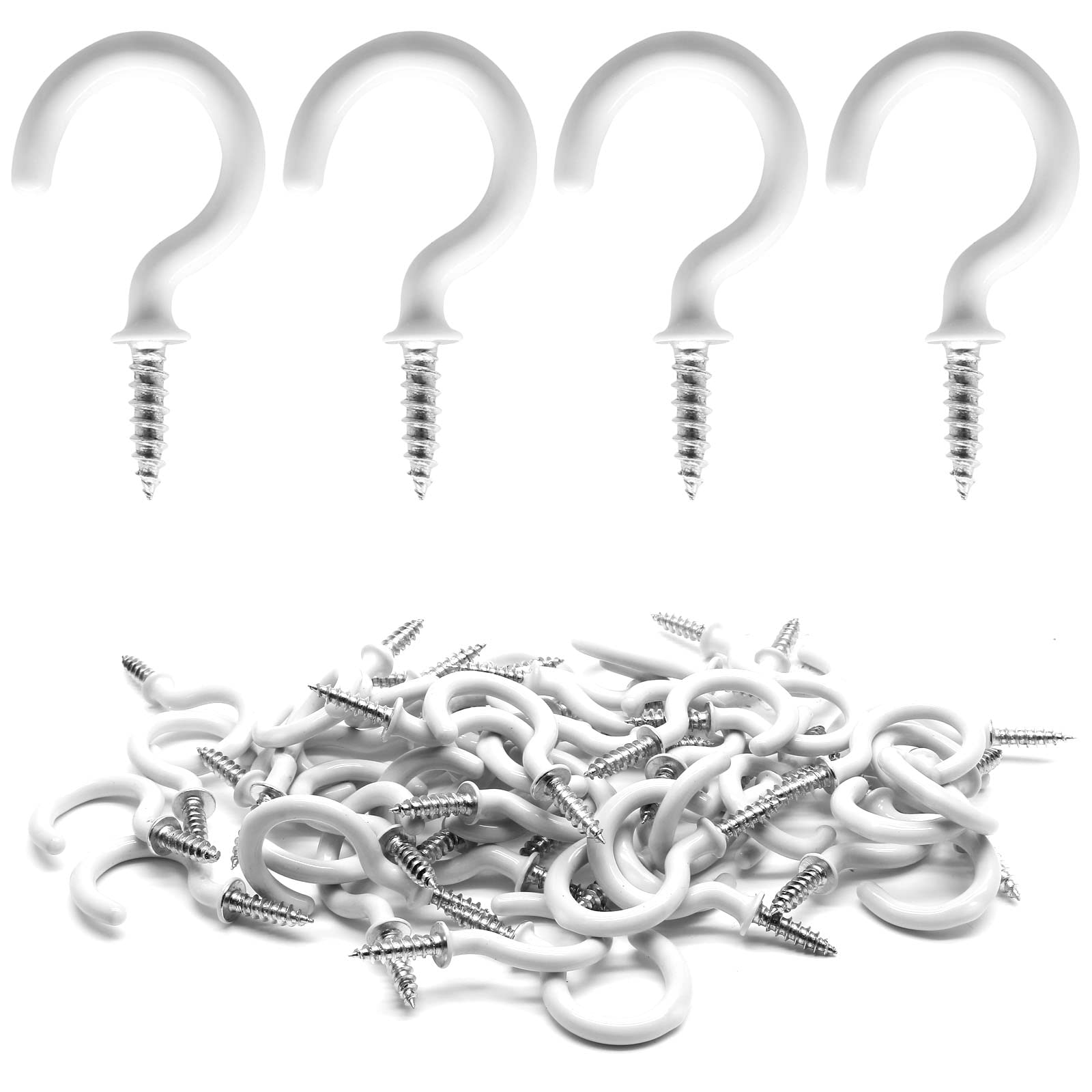 60 Pcs 1 Inch White Ceiling Cup Hooks with Self-Tapping Screws - Heavy Duty Hanging Hooks for Plants, Lights & Home Decor - Perfect for Indoor & Outdoor Use