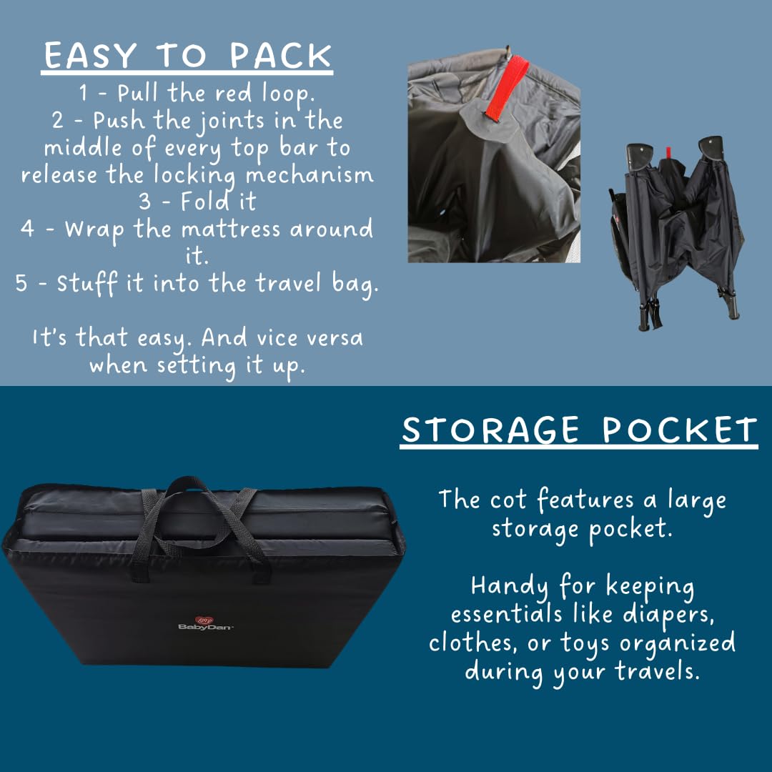BabyDan Extra Large Travel Cot 60cm x 120cm - Portable Baby Bed for Travel & Home Use - Black