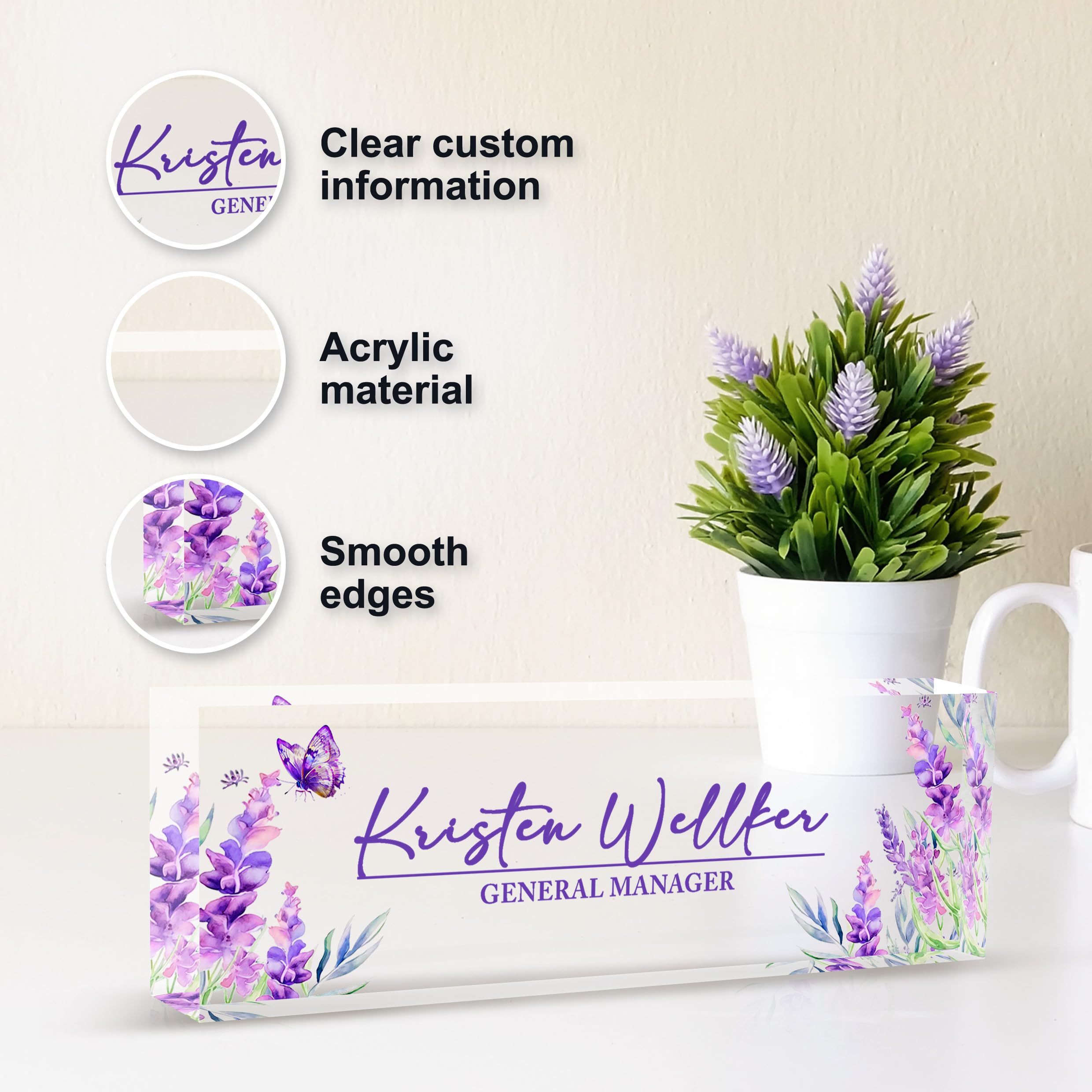 Custom Personalized Acrylic Desk Name Plate - Engraved Office Name Sign for Desk Decor, Professional Nameplate for Workstation - Perfect Office Gift for Coworkers, Boss & Employees (Purple)