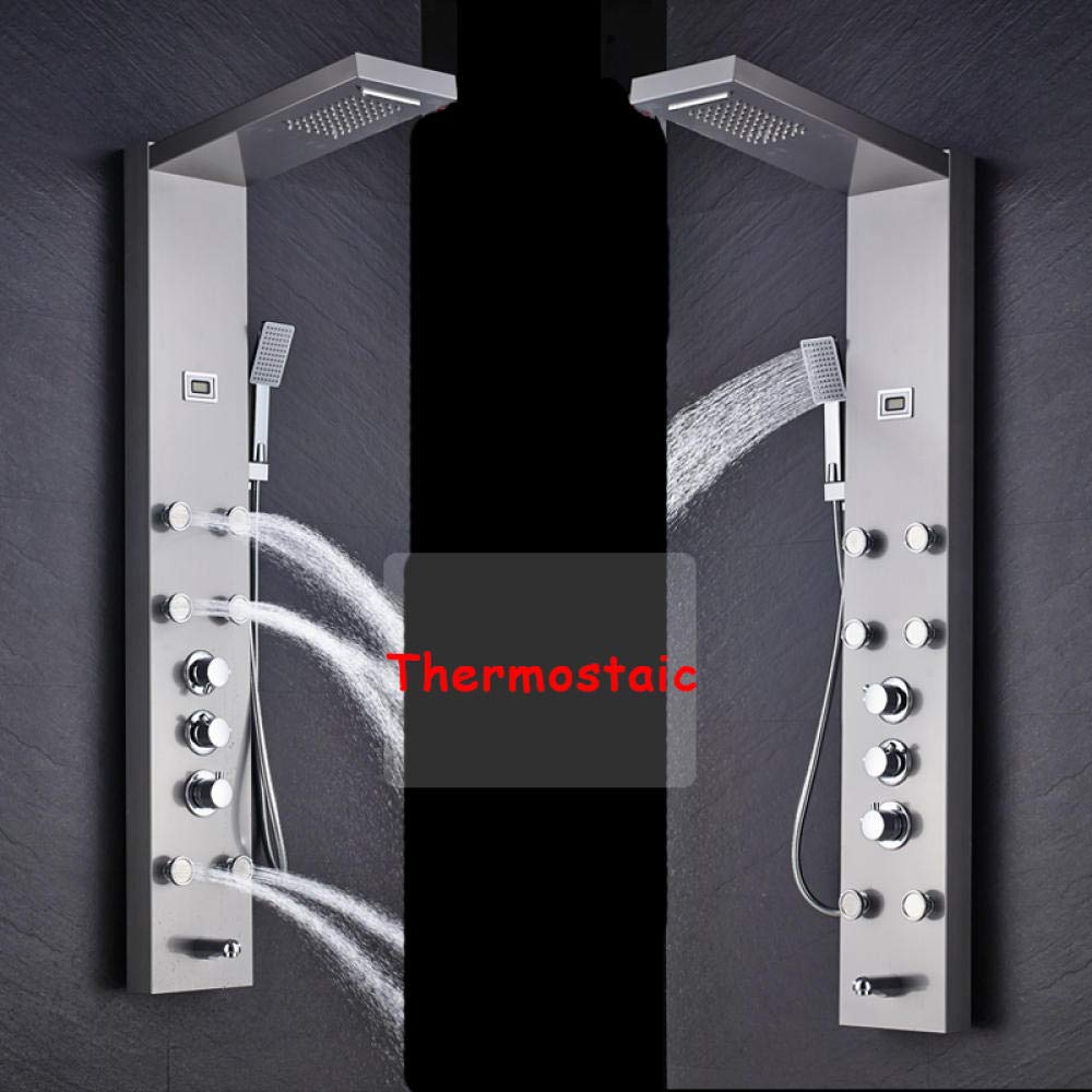 Black Thermostatic Rain Shower Column with 6 Massage Jets, Hand Shower & Tub Spout - Waterfall Shower Panel System for Luxurious Bathroom Upgrade | Perfect for Master Bath, Spa Retreat & Modern Home Renovation