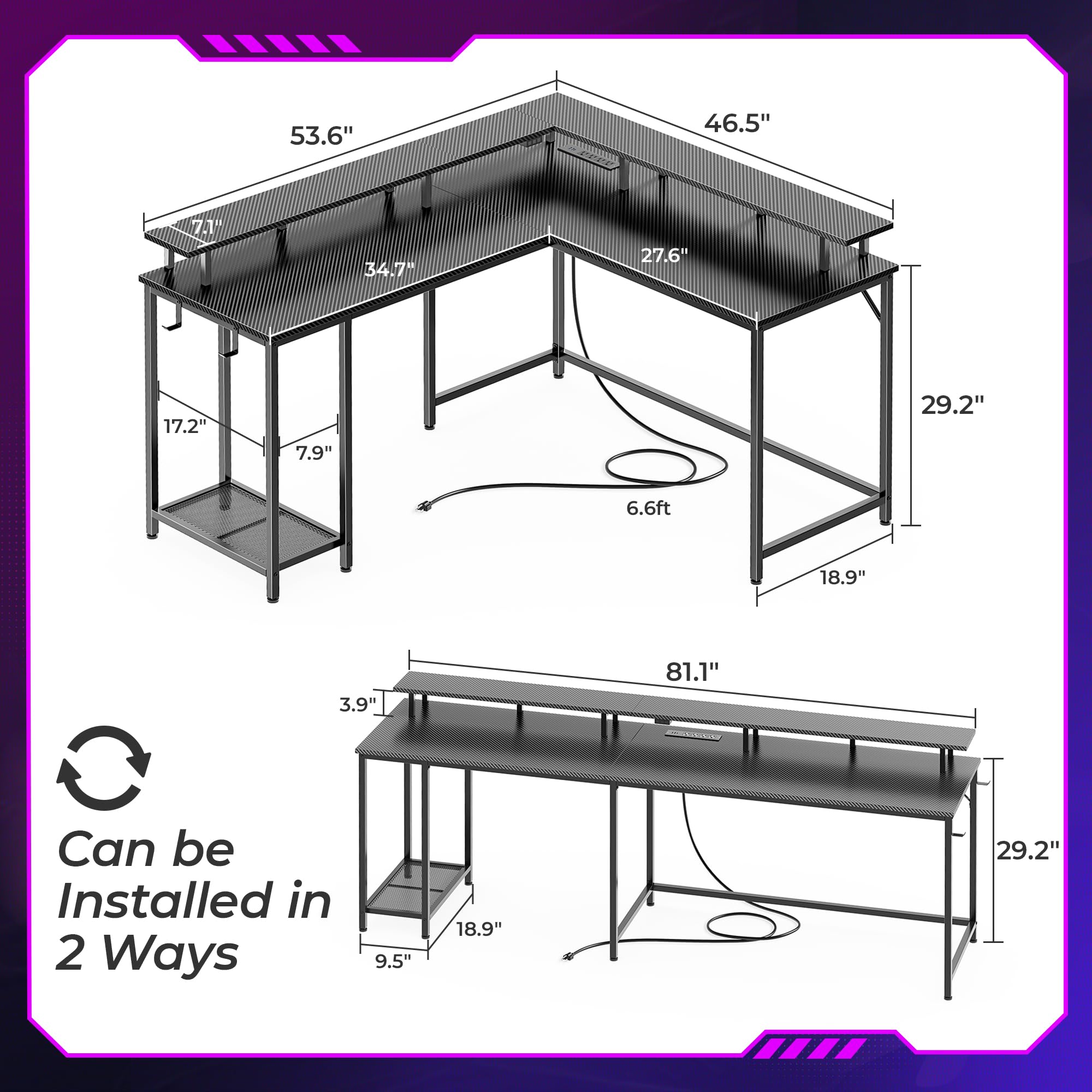SUPERJARE L-Shaped Gaming Desk with LED Lights & Power Outlets, Ergonomic Computer Desk with Monitor Stand & Headphone Hooks, Carbon Fiber Black Home Office Corner Desk for Streaming, Gaming & Workstation Setup