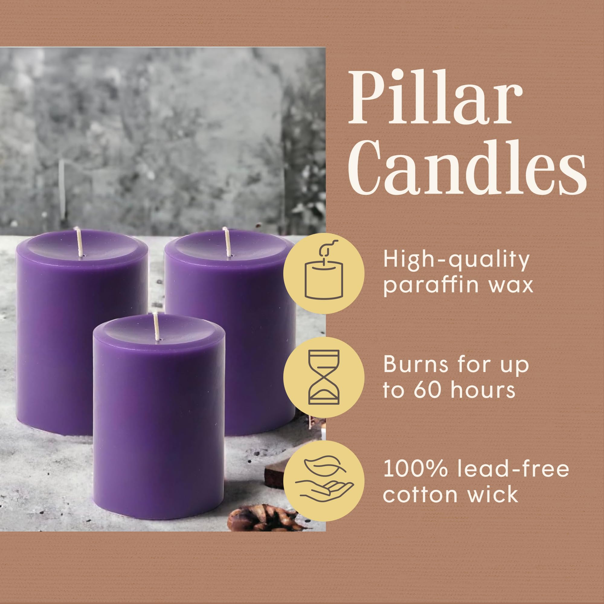 Premium Unscented Pillar Candles Set of 3 - Dripless Hand-Poured Purple Candles for Home Decor, 60-Hour Burn Time, 3x4 Inch | Perfect for Weddings, Relaxation & Romantic Ambiance