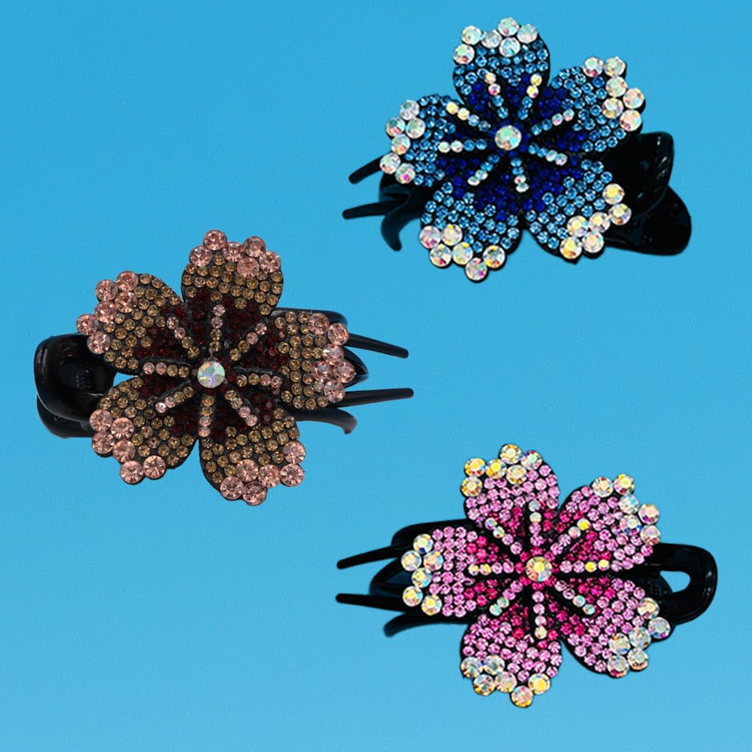 Myra Collection 3 Pcs Rhinestone Hair Clips - Sparkling Flower Hair Accessories for Women & Girls | Wedding, Party, Prom, Bridal, Everyday Wear