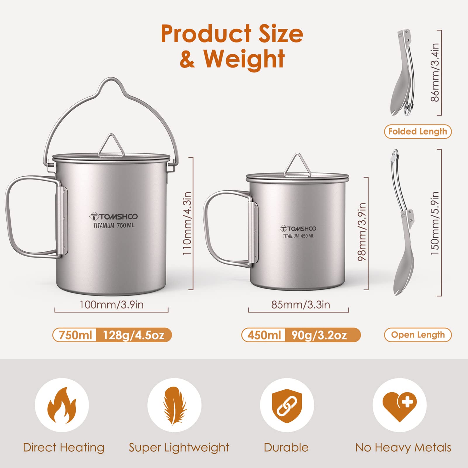 TOMSHOO Titanium Camping Pot with Lid - Lightweight Outdoor Coffee Mug, Foldable Handle for Backpacking, Hiking & Travel - Perfect for Campfire Cooking & Outdoor Adventures