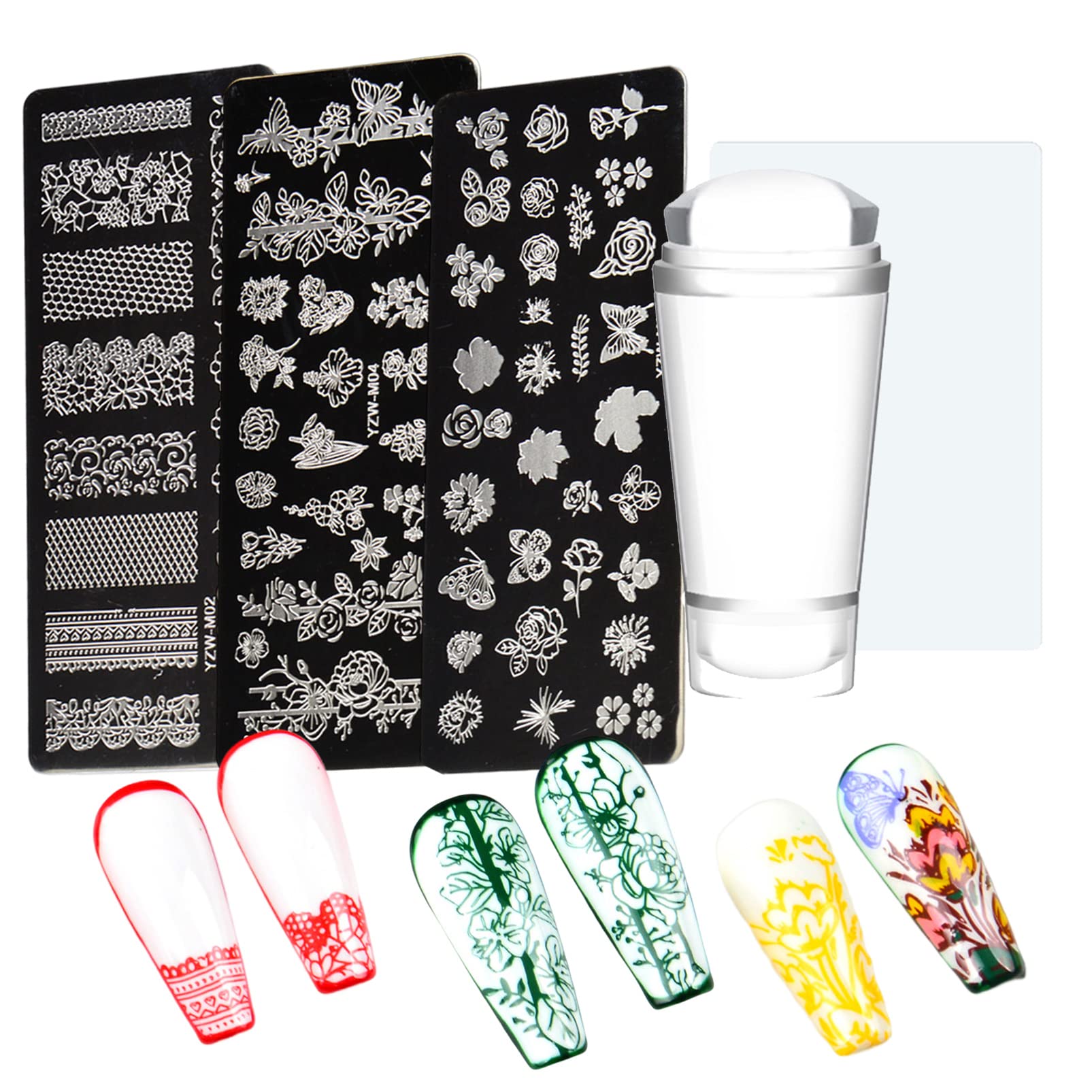 Double Sided Nail Art Stamper Kit with 3 Stamping Plates & Scraper - Floral Leaves Lace Design Manicure Tools for DIY Nail Painting | Perfect for Home Salon, Party Nail Art & Professional Nail Design