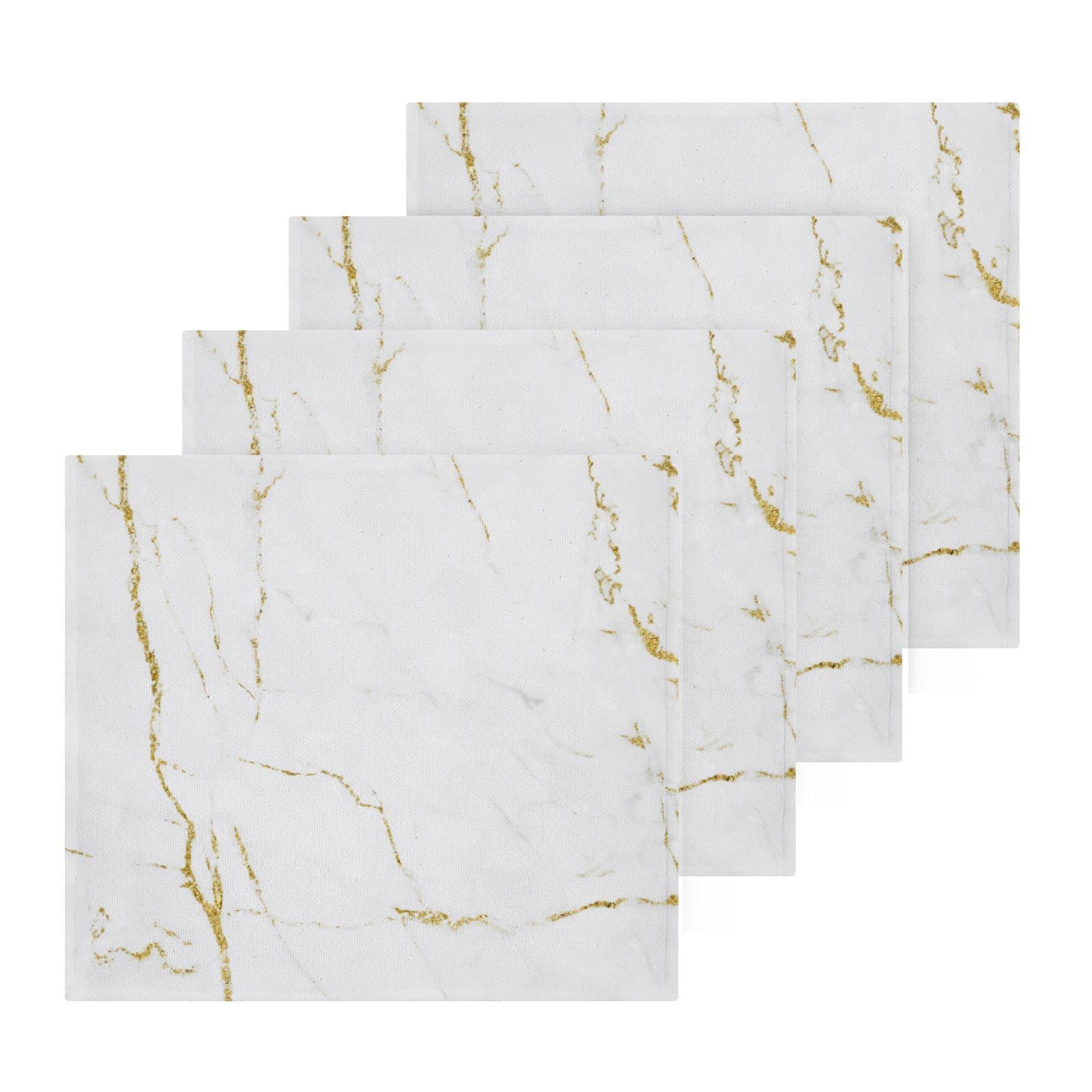 SUABO Soft Cotton Bath Washcloths - White Marble Gold Fluid Print, Absorbent & Quick Drying Face & Fingertip Towels (Set of 4) for Bathroom, Spa, Gym & Kitchen Use