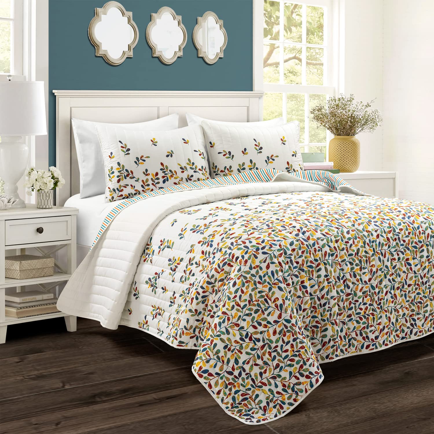 Boho Leaf Reversible Quilt Set King - Turquoise & Tangerine for Bedroom Decor