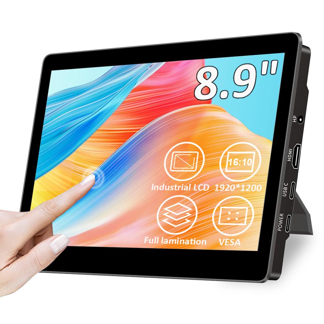 8.9 Inch Touch Screen Monitor with Stand - Full HD 1920x1200 Resolution, 16:10 Aspect Ratio, 450 Nits Brightness, Optical Bonding Technology, HDMI & USB-C Ports - Compact Display for Mini PC, Laptop, Mac Mini - Perfect for Office Work, Gaming & Digital Signage