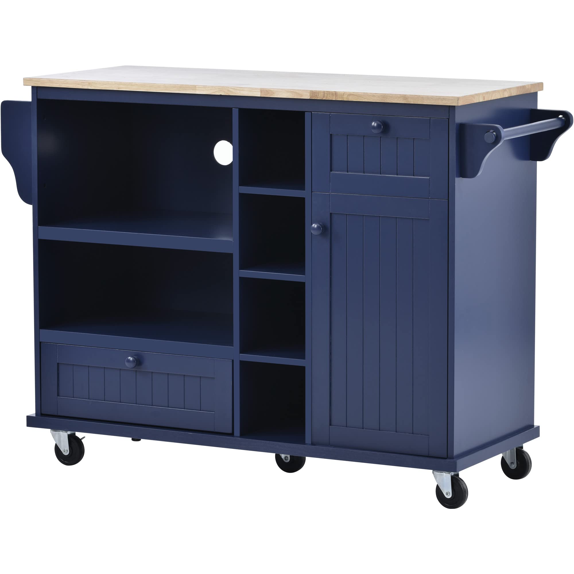 Solid Wood Kitchen Island Cart with Storage Cabinet & Microwave Shelf - Mobile Kitchen Cart for Dining Room, Living Room - Perfect for Small Spaces & Entertaining (Dark Blue)