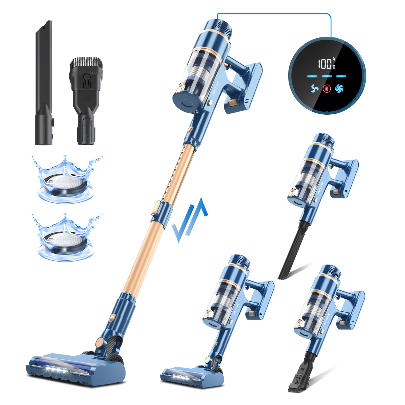 PRETTYCARE Cordless Vacuum Cleaner - 28Kpa Powerful Stick Vacuum with Brushless Motor, LED Touch Display, 45 Min Runtime | Lightweight for Hard Floors, Carpets & Pet Hair (Model P2) | Perfect for Quick Cleanups & Pet Owners