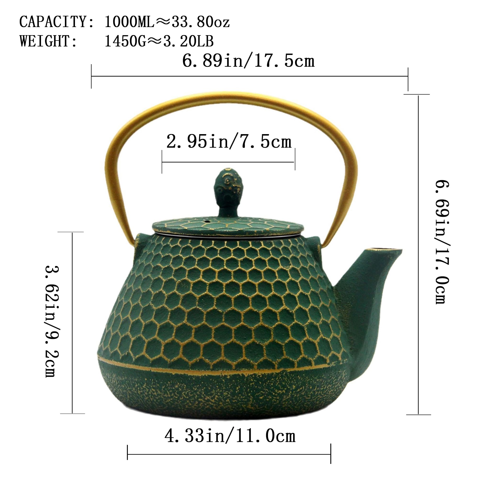 Japanese Cast Iron Tea Kettle with Enameled Interior - 34oz Tetsubin Teapot with Stainless Steel Infuser, Stovetop Safe for Perfect Tea Brewing - Ideal for Home, Office & Traditional Tea Ceremonies