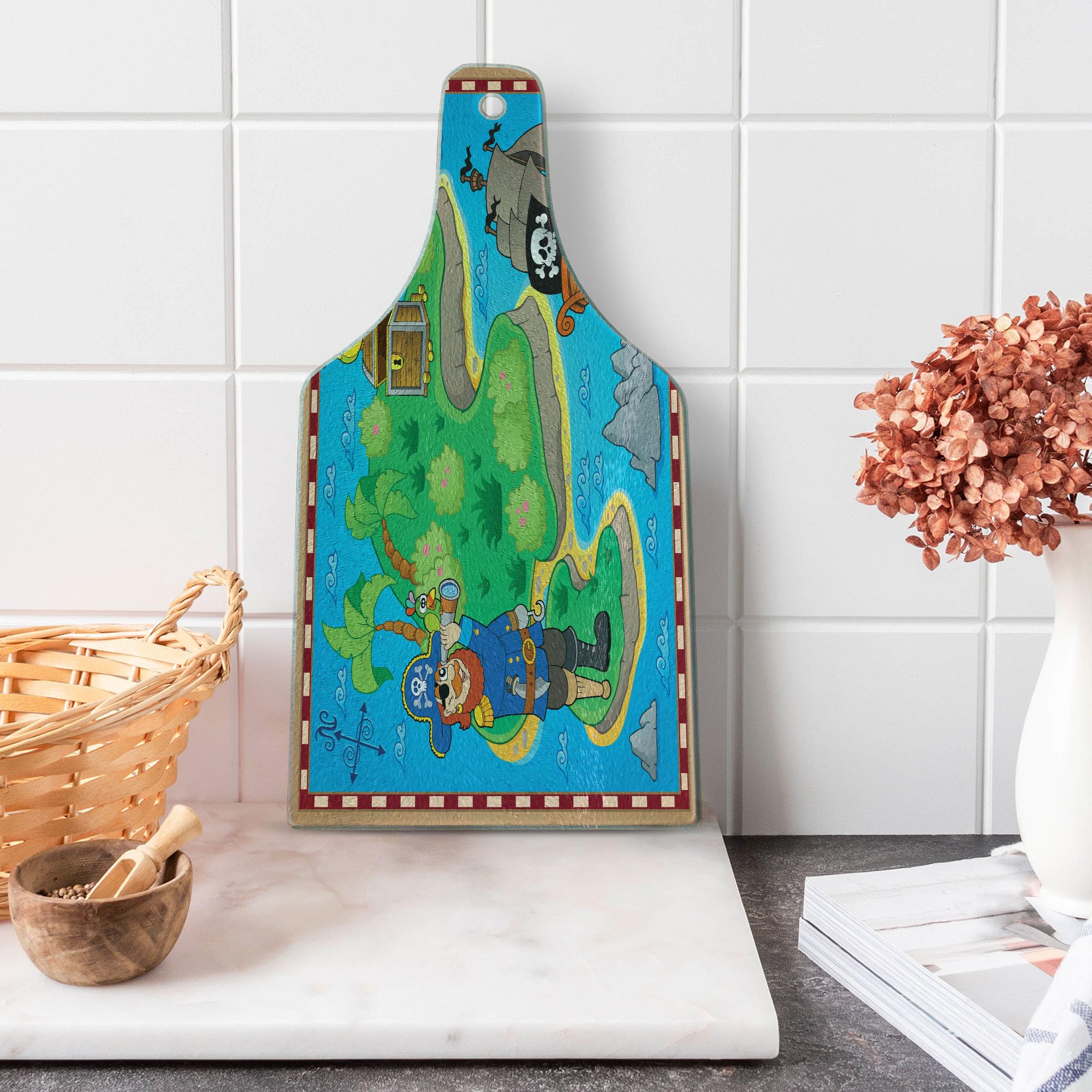 Ambesonne Pirate Treasure Island Map Cutting Board - Tempered Glass Serving Board with Wine Bottle Shape, Multicolor - Perfect for Kitchen Decor, Party Serving & Themed Dining Accessories