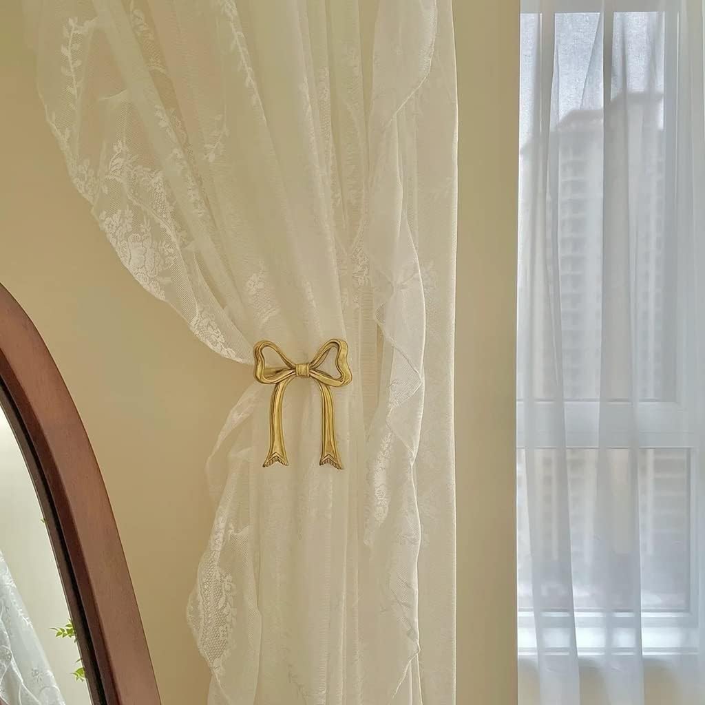Elegant Gold Bow Curtain Tiebacks Set of 2 - Brass Curtain Holdbacks for Drapes - Decorative Wall Hook Holders for Girls Room & Living Room - Perfect for Window Treatments, Home Decor & Interior Design
