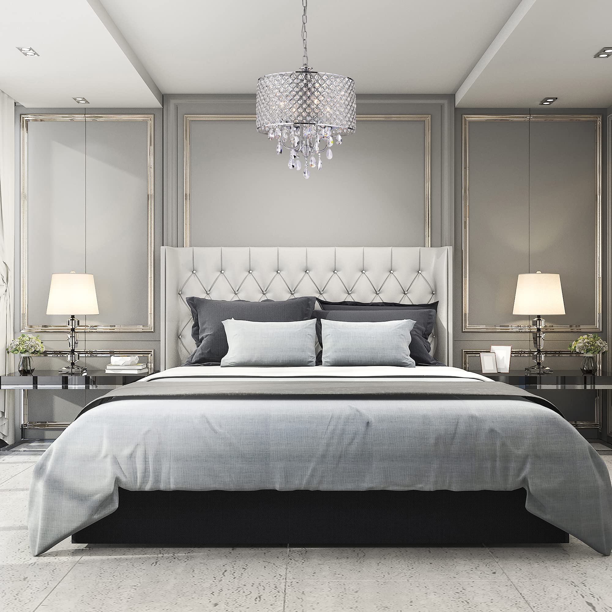Edvivi Marya 4-Light Chrome Round Crystal Chandelier Ceiling Light Fixture with Beaded Drum Shade - Elegant Dining Room & Bedroom Lighting for Modern Homes