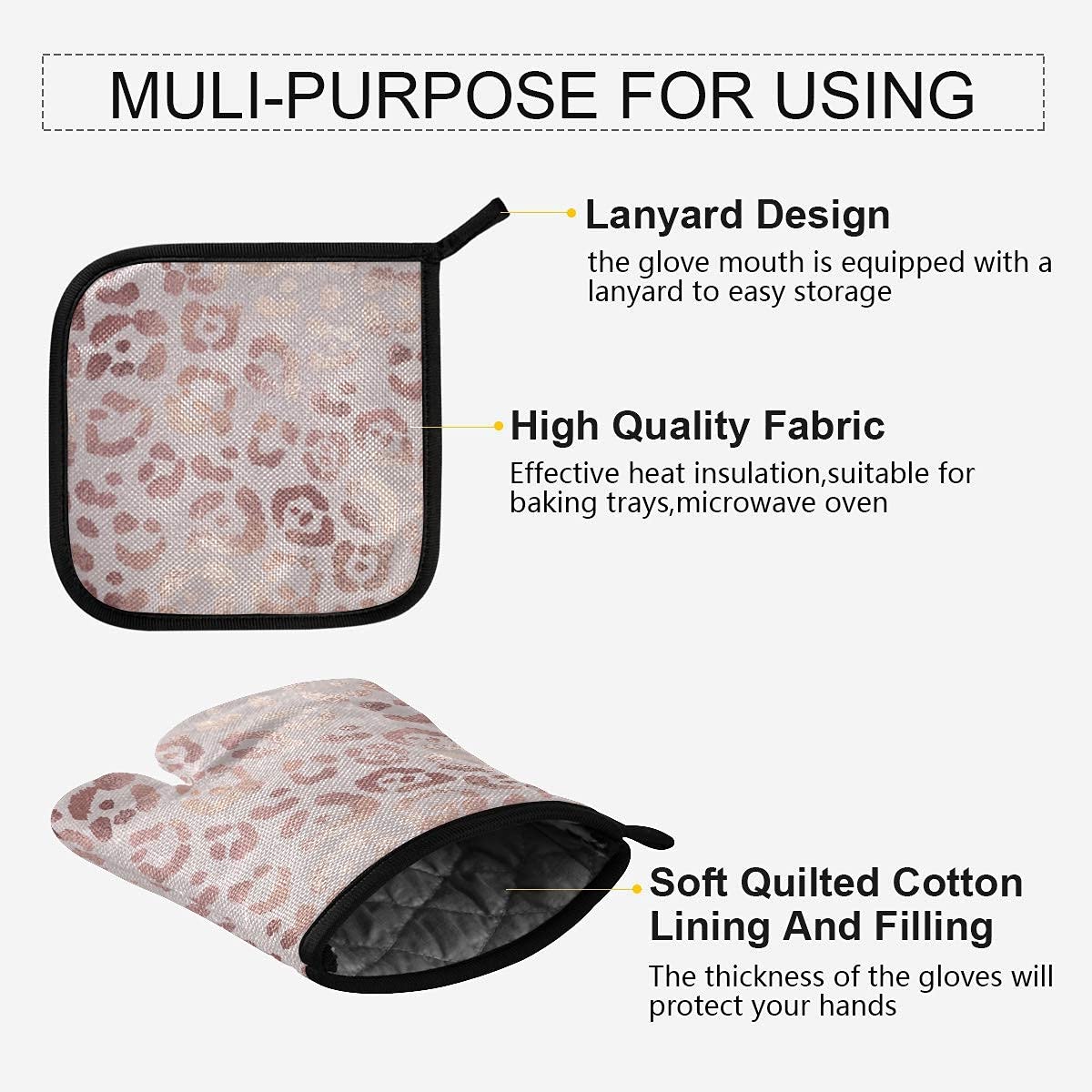 ASLSIY Rose Gold Leopard Print Oven Mitts & Pot Holders Set - Heat Resistant Kitchen Gloves for Baking, BBQ, Grilling - Perfect for Cooking, Baking, and Outdoor Barbecues