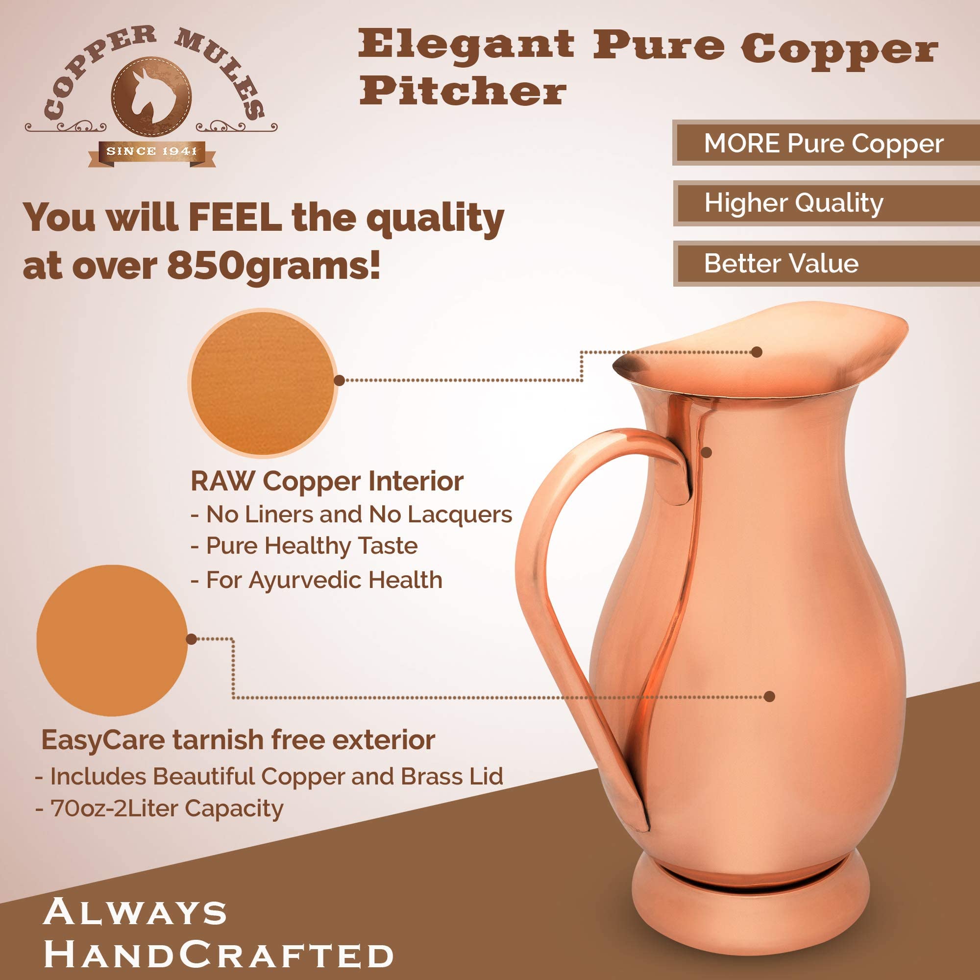 Pure Copper Water Pitcher (70 oz, 2 Liter) with Lid & 2 Drinking Tumblers - Handcrafted Ayurvedic Copperware for Health Benefits | Perfect for Detox Water, Lemon Infusions & Home Wellness Rituals