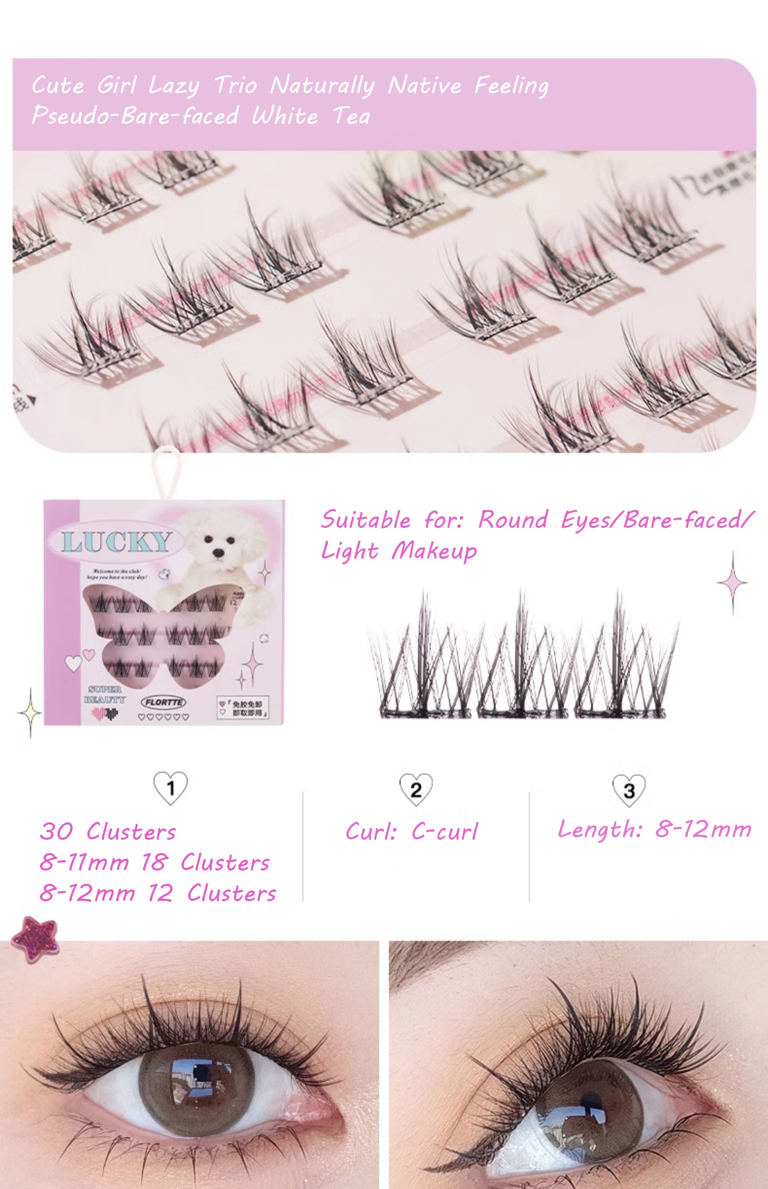 FLORTTE Self Adhesive Clustered False Eyelashes - Natural Looking Volume Lashes for Everyday Wear & Special Occasions