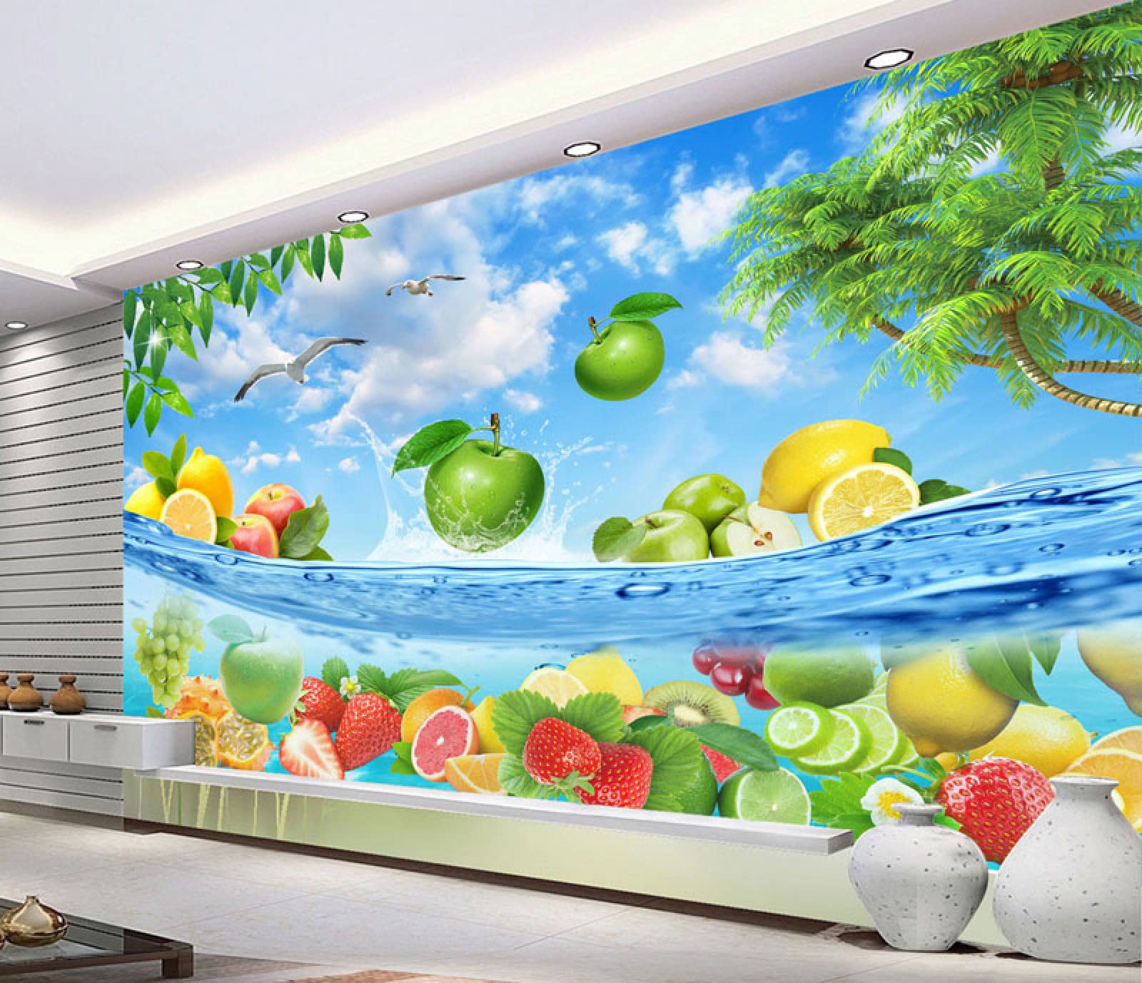 3D Fruit Wall Mural - Large Summer Seaside Oil Painting Wallpaper (400x280cm) for Living Room Sofa Background & Home Decor - Perfect for Beach House, Coastal Theme Bedroom, or Tropical Dining Room Wall Covering