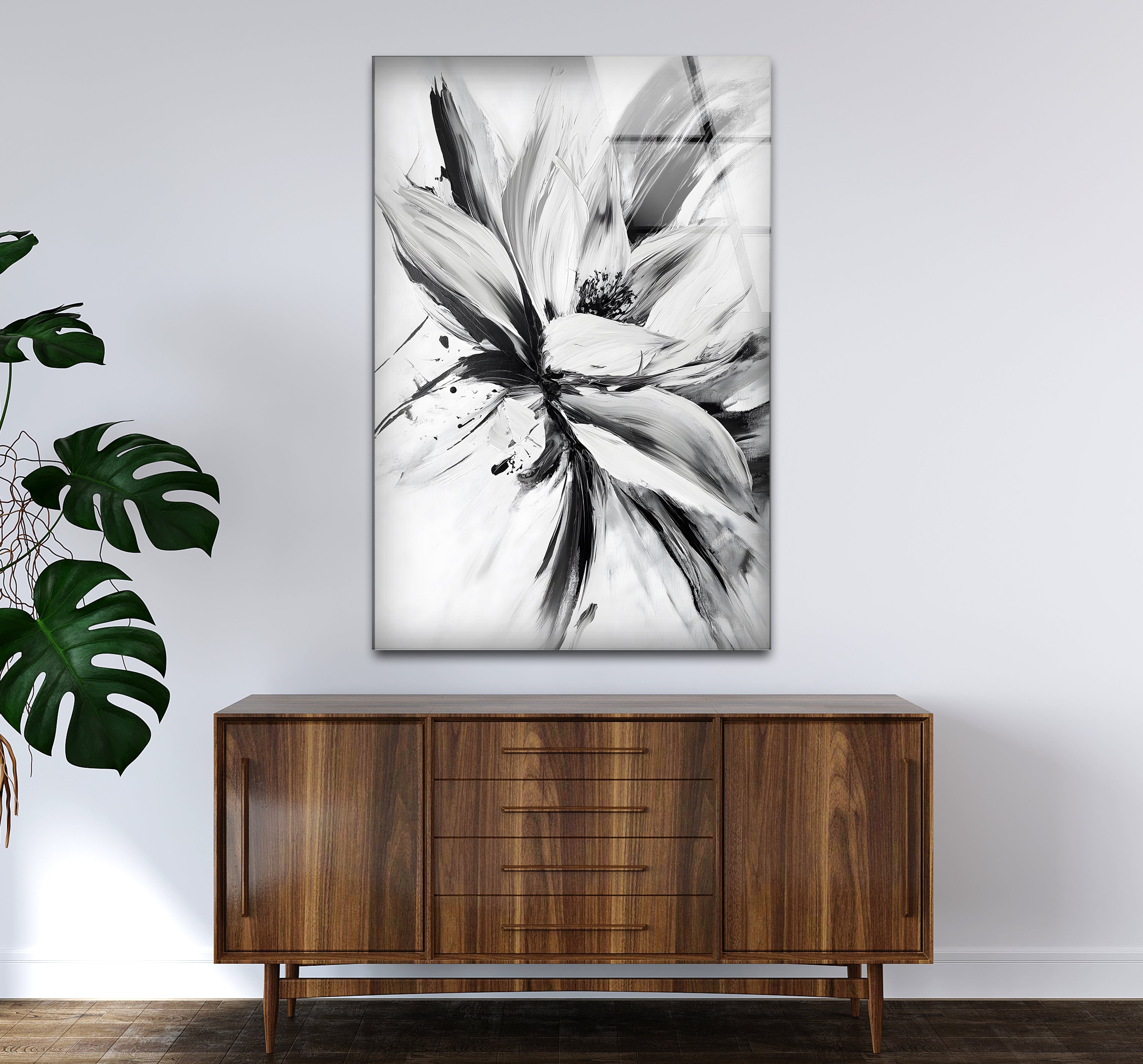 Modern Black and White Abstract Floral Glass Wall Art - Elegant Home Decor for Living Room, Bedroom & Office