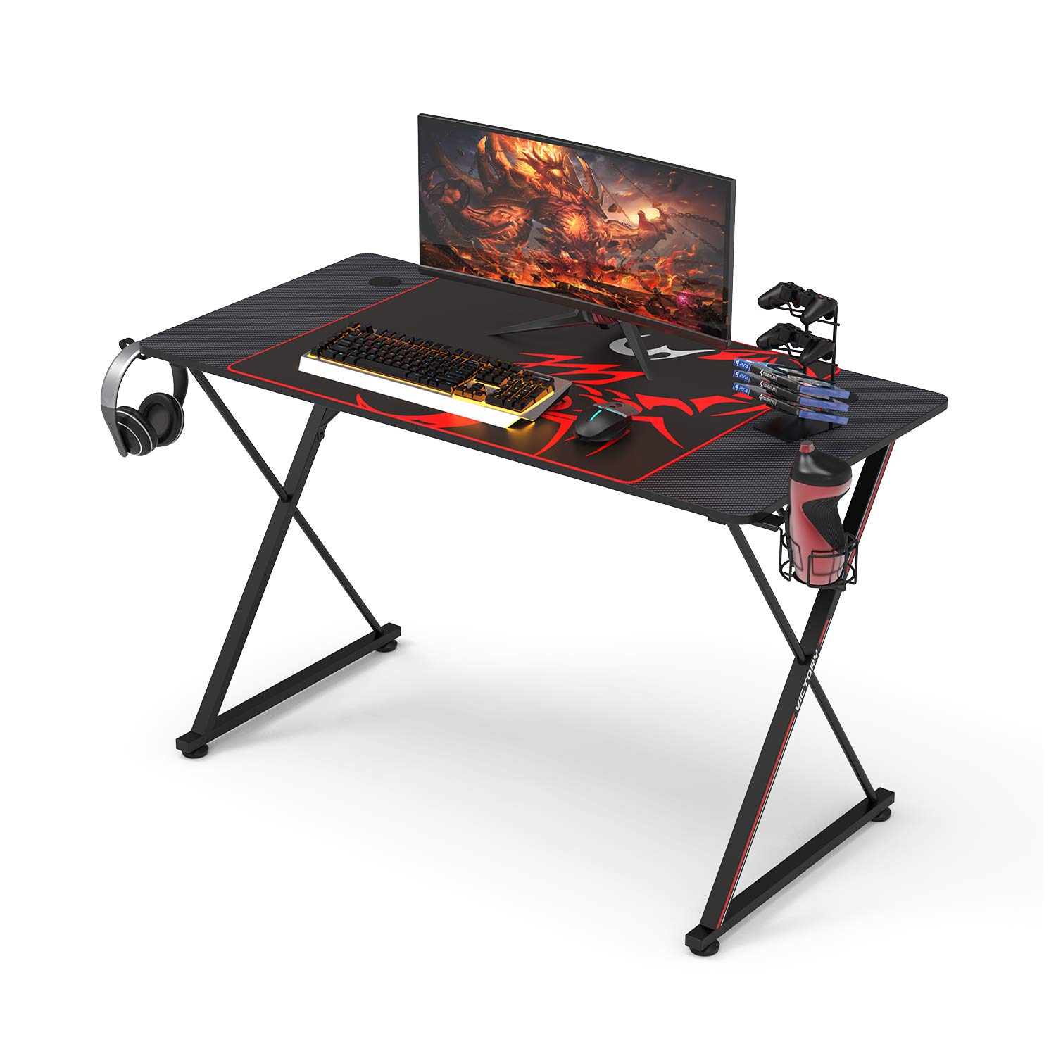 DESIGNA 47'' X-Shape Gaming Desk with Free Mouse Pad, Cup Holder & Headphone Hook - Ergonomic Computer Desk for PC Gamers & Home Office Workstation (Black) - Perfect for Esports, Streaming & Remote Work