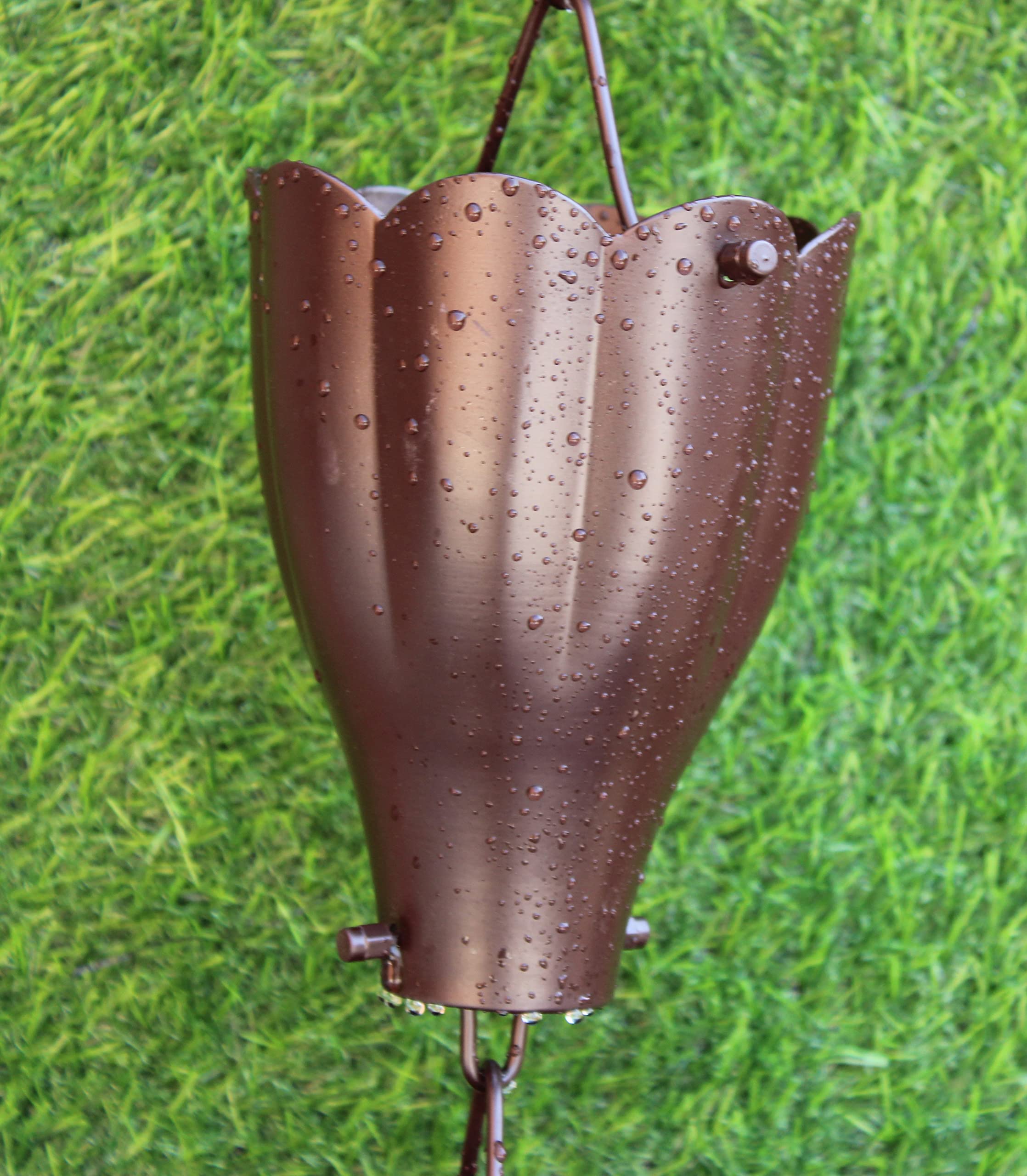 KAM Home XL Aluminum Rain Chain with Scallop Cups & Installation Kit - Rustic Brown (8.5 Inch) | Garden Water Feature for Downspout Drainage & Outdoor Decor