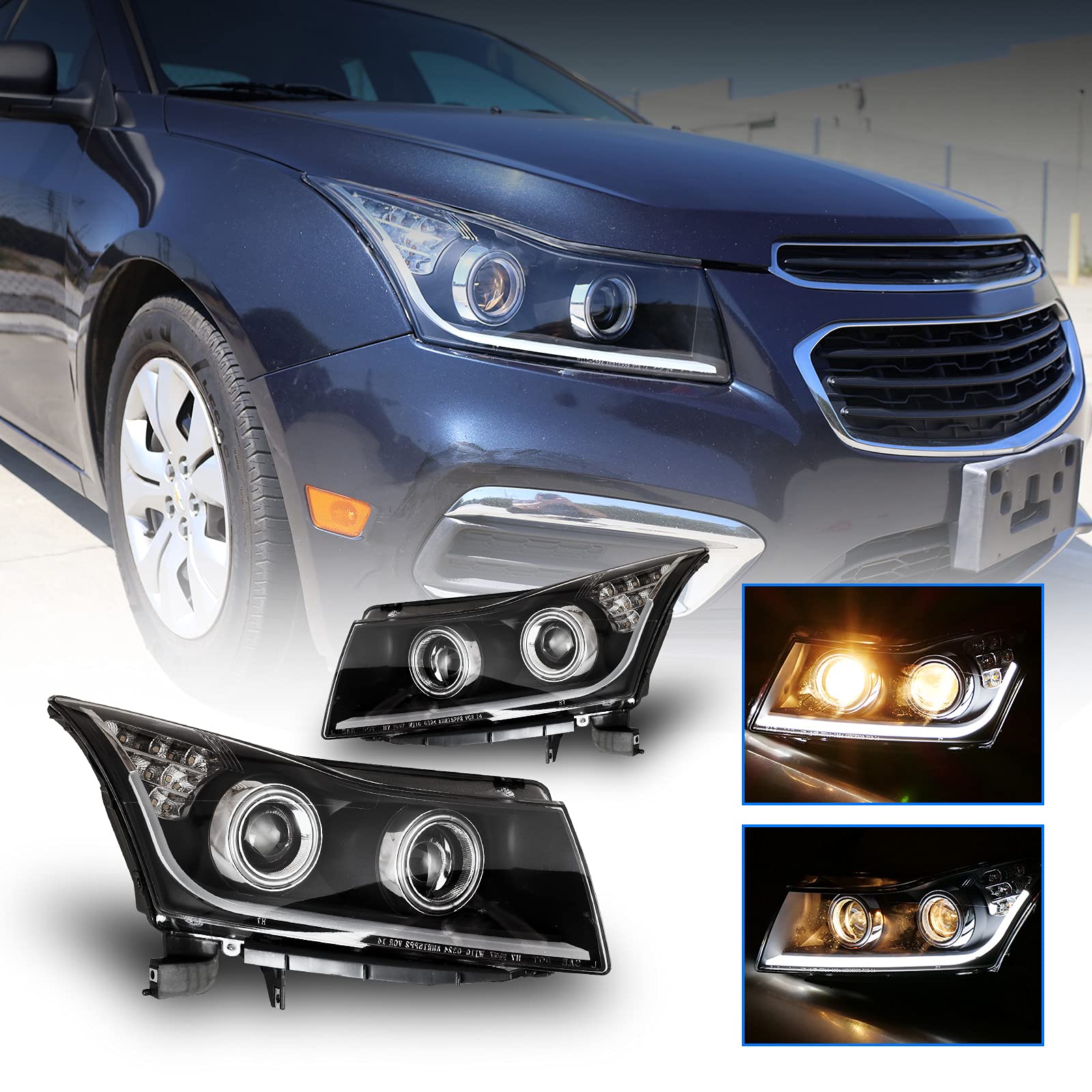 WOLFSTORM LED Headlight Assembly Replacement for 2011-2015 Chevy Cruze - Clear Lens Projector with Daytime Running Lights - Upgrade for Night Driving & Enhanced Visibility