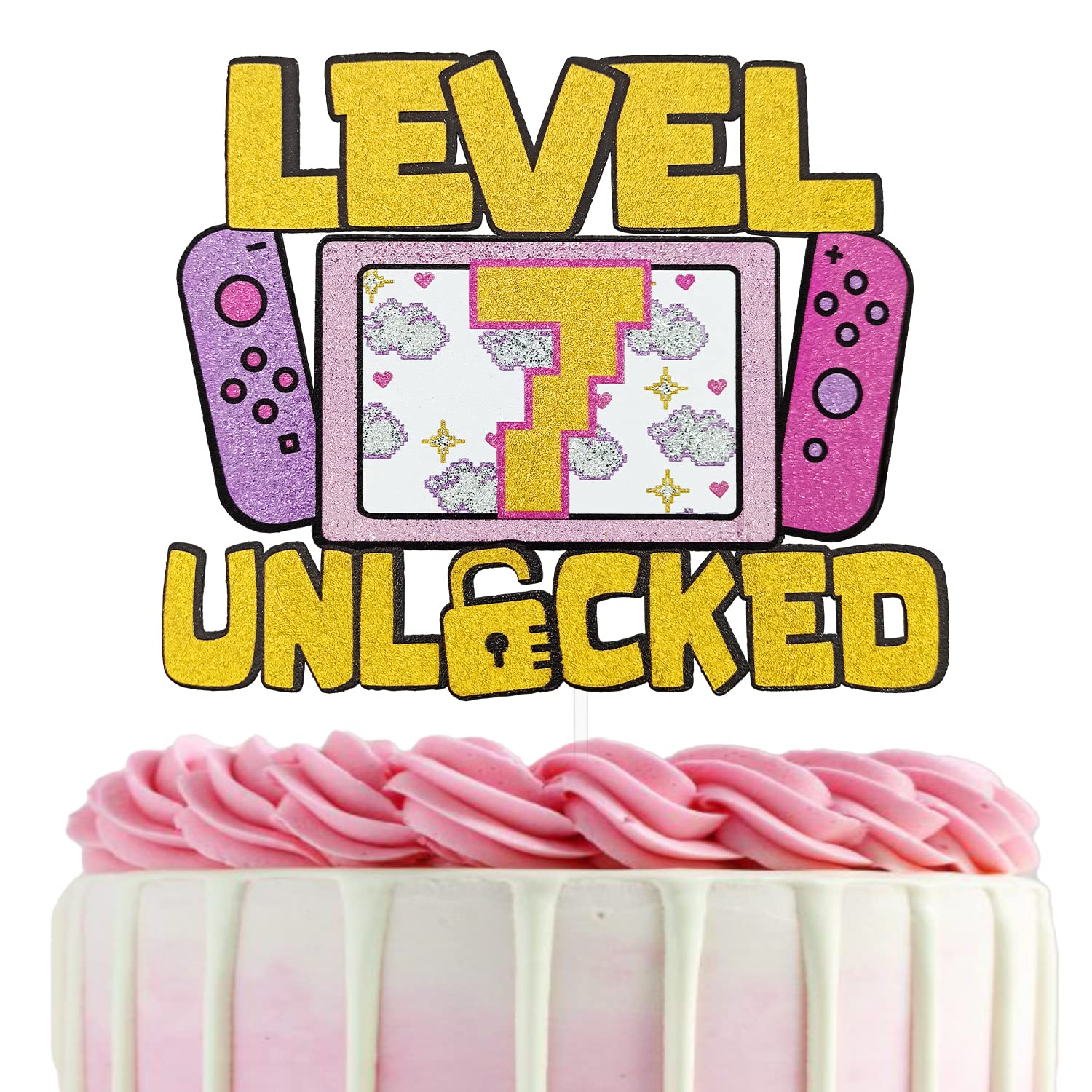Level 7 Unlocked Cake Topper for Girls - Glitter Gaming Birthday Decoration - Video Game Theme Party Supplies - Perfect for 7th Birthday Celebrations & Gamer Parties