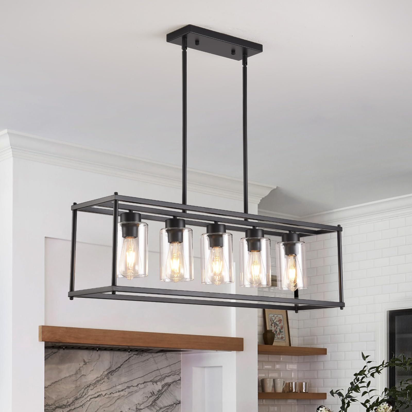 Modern Black 5-Light Rectangular Chandelier with Clear Glass Shades - Farmhouse Style Linear Island Lighting for Dining Room, Kitchen, Pool Table & Bar (35.4