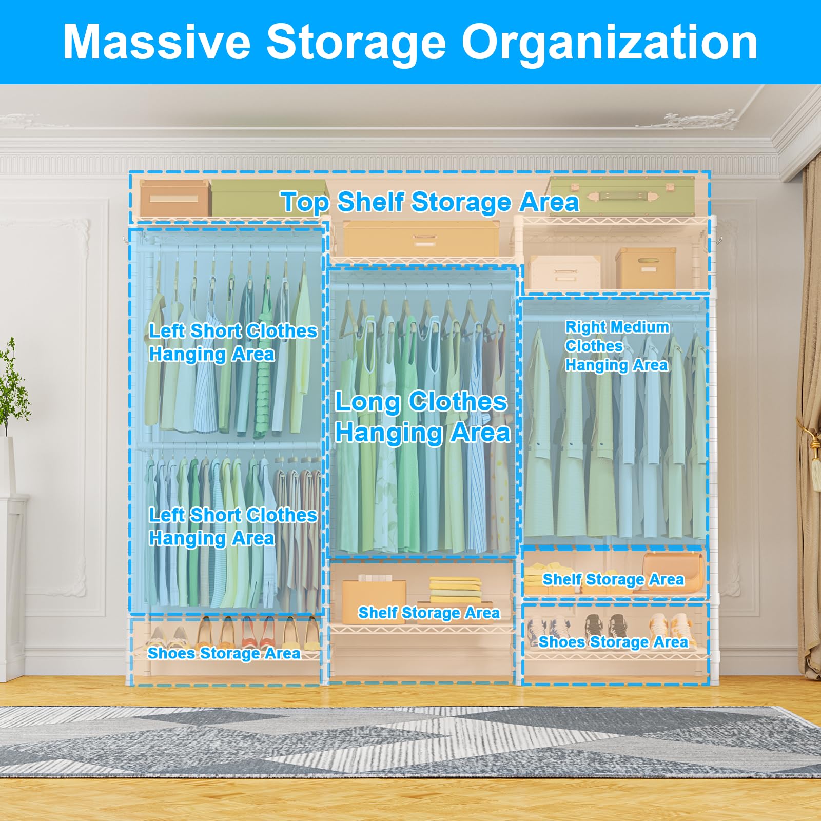 Heavy Duty Clothes Rack with 4 Hanger Rods & 8 Shelves - Adjustable Freestanding Garment Rack for Hanging Clothes, 63