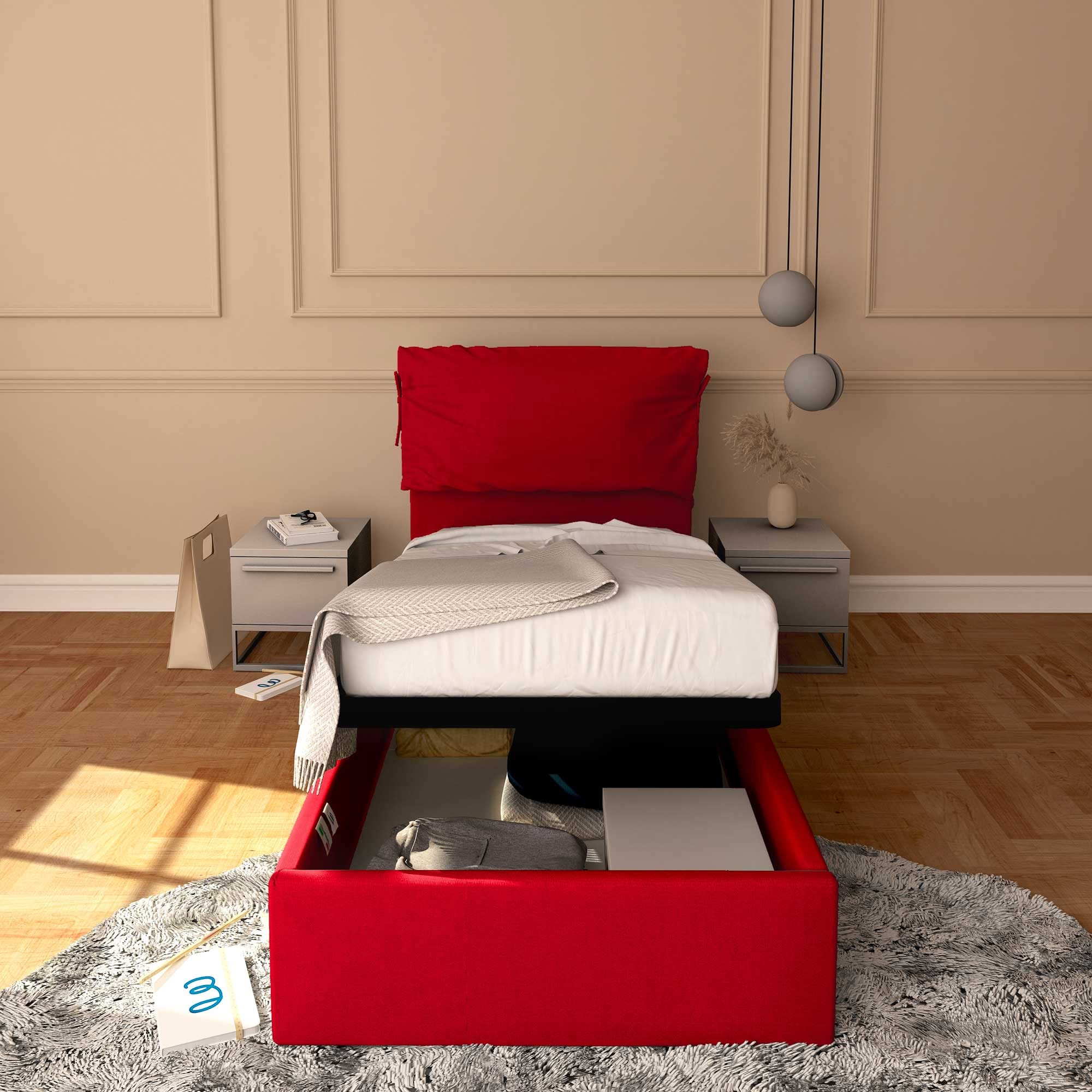 Baldiflex Single Bed with Storage - Licia Soft Synthetic Leather Upholstery, Slatted Base for Single Mattress, 90 x 190 cm, Finely Padded Headboard, Red - Perfect for Small Bedrooms, Guest Rooms & Studio Apartments