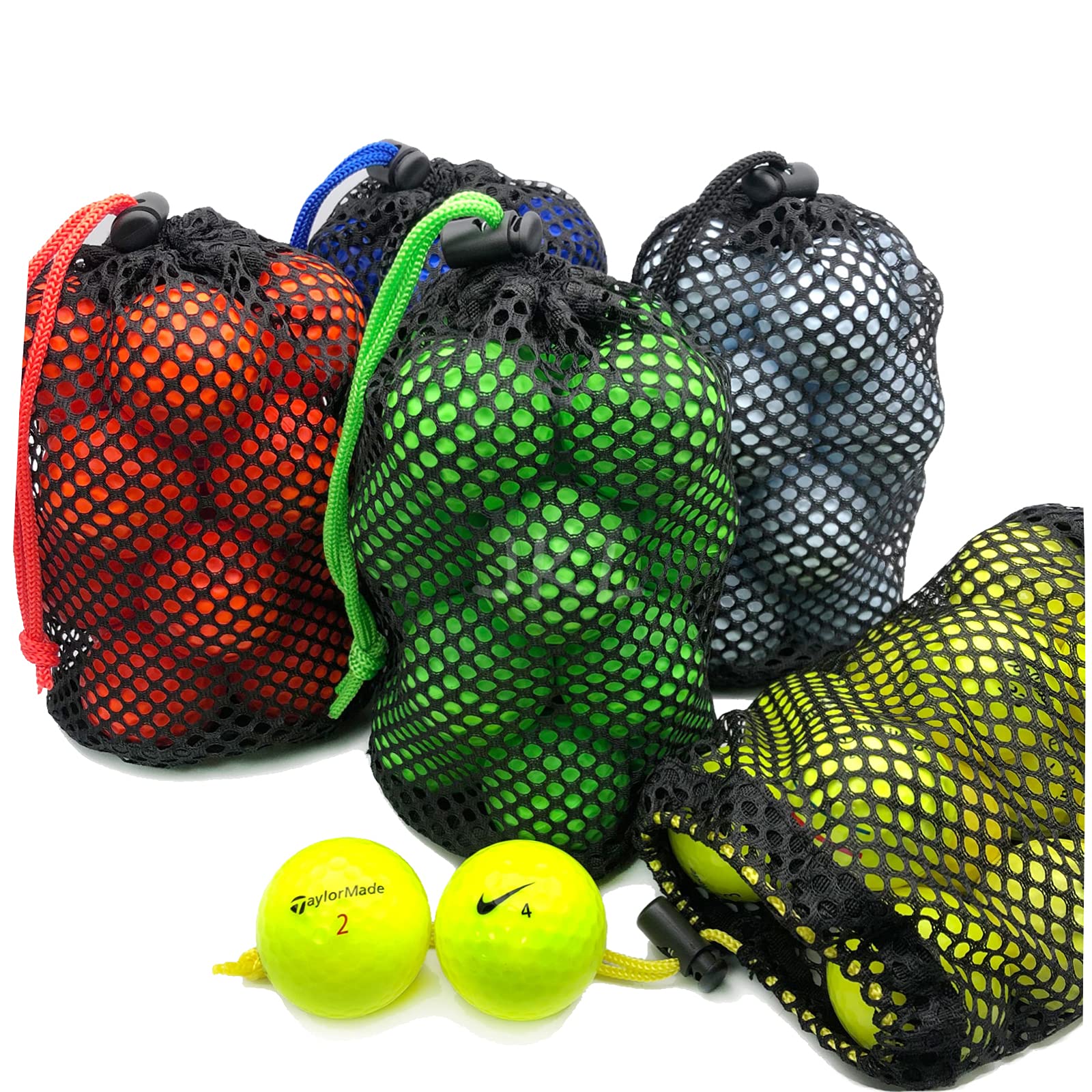 JKL 5-Pack Small Golf Ball Mesh Bags - Durable Nylon Drawstring Storage Pouches for Golf Accessories (Red, Yellow, Blue, Green, Black) - Perfect for Golf Practice, Tournament Organization & Sports Equipment Storage