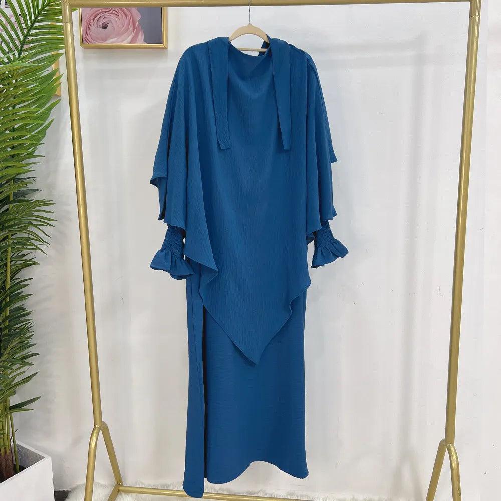 2-Piece Abaya Khimar Set - Long Triangle Hijab & Smocked Cuff Dress for Women | Islamic Modest Wear for Prayer, Mosque & Special Occasions