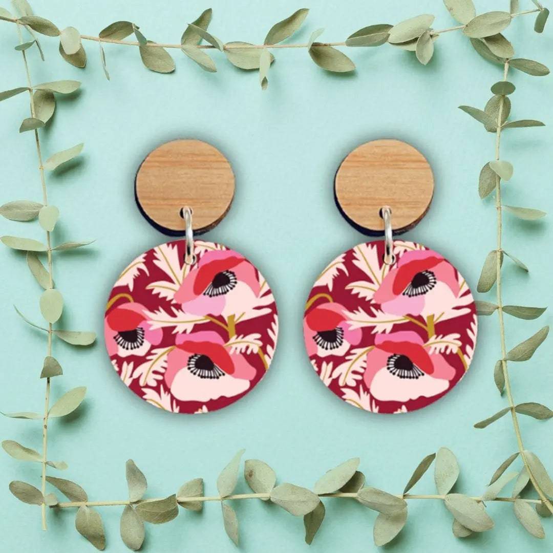 Vibrant Colorful Poppies Wooden Earrings for Women - Handmade Floral Dangle Drop Earrings - Boho Chic Accessories for Summer Outfits, Weddings & Festivals