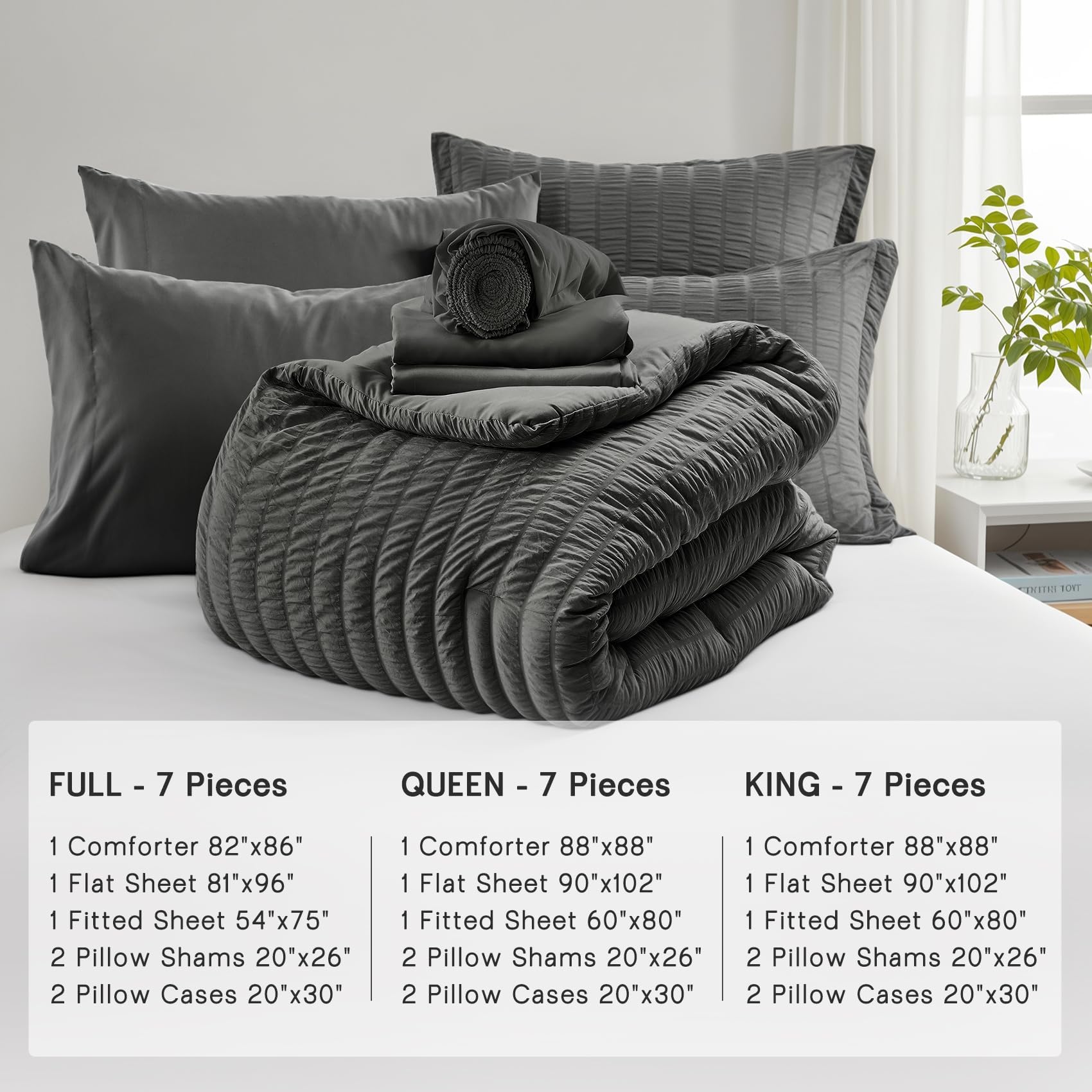SunStyle Home King Size Comforter Set - 7 Piece Seersucker Bed in a Bag with Flat Sheet, Fitted Sheet, Pillowcases & Sham | All Season Lightweight Bedding for Comfortable Sleep | Dark Grey Luxury Bed Set for Master Bedroom, Guest Room & Dorm