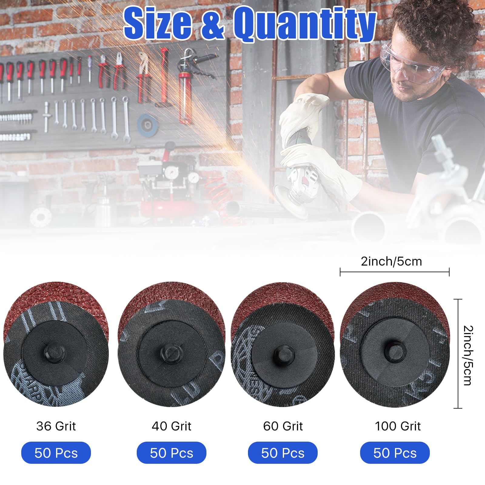 200 Pcs 2 Inch Aluminum Oxide Sanding Discs Set, 36/40/60/100 Grit Roll Lock Discs for Die Grinder - Perfect for Surface Prep, Grinding, Polishing, Burr Finishing, Rust & Paint Removal - Ideal for Metal, Wood & Auto Restoration Projects