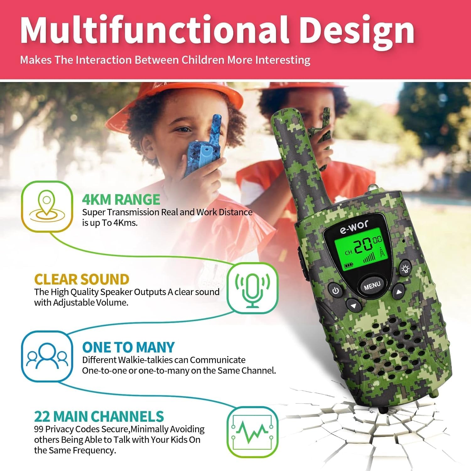 **Kids Walkie Talkies 4 Miles Long Range Rechargeable - 22 Channels with Flashlight, Adventure Toys for Boys & Girls Ages 3-12 - Perfect for Outdoor Play, Camping, Hiking & Birthday Gifts**